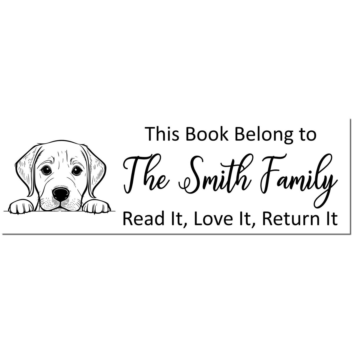 Black-and-white custom book stamp seal with puppy illustration and text: This Book Belong to The Smith Family, Read It, Love It, Return It.