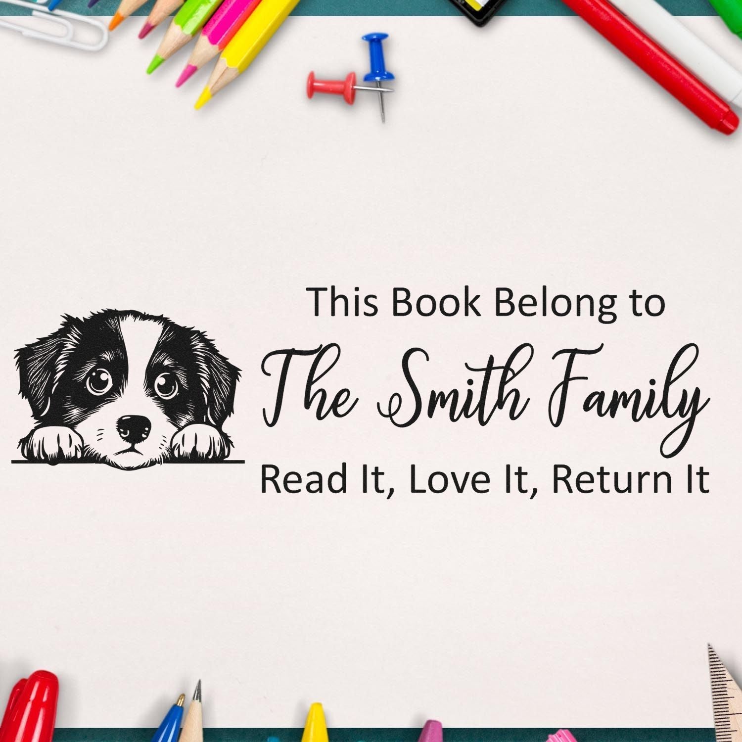 Self-Inking Miniature American Shepherd Personalized Dog Reading Book Stamper - Engineer Seal Stamps