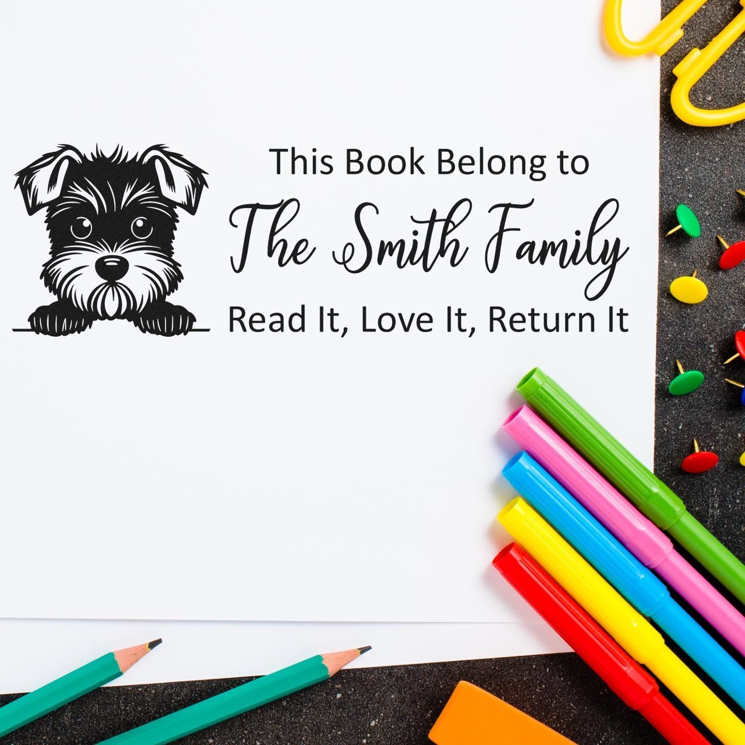 Self-Inking Miniature Schnauzer Personalized Bookworm Dog Stamper - Engineer Seal Stamps