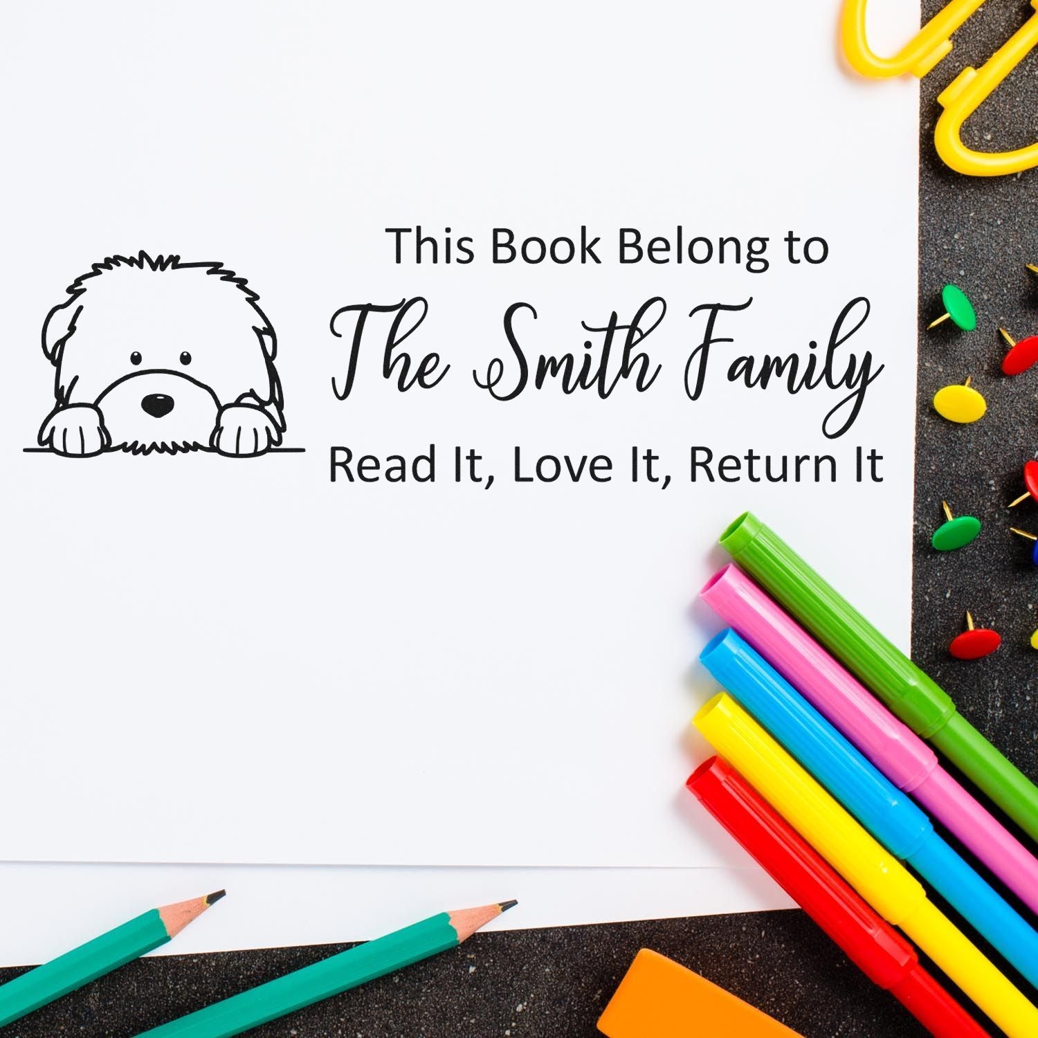 Self-Inking Old English Sheepdog Personalized Dog With Books Stamp - Engineer Seal Stamps