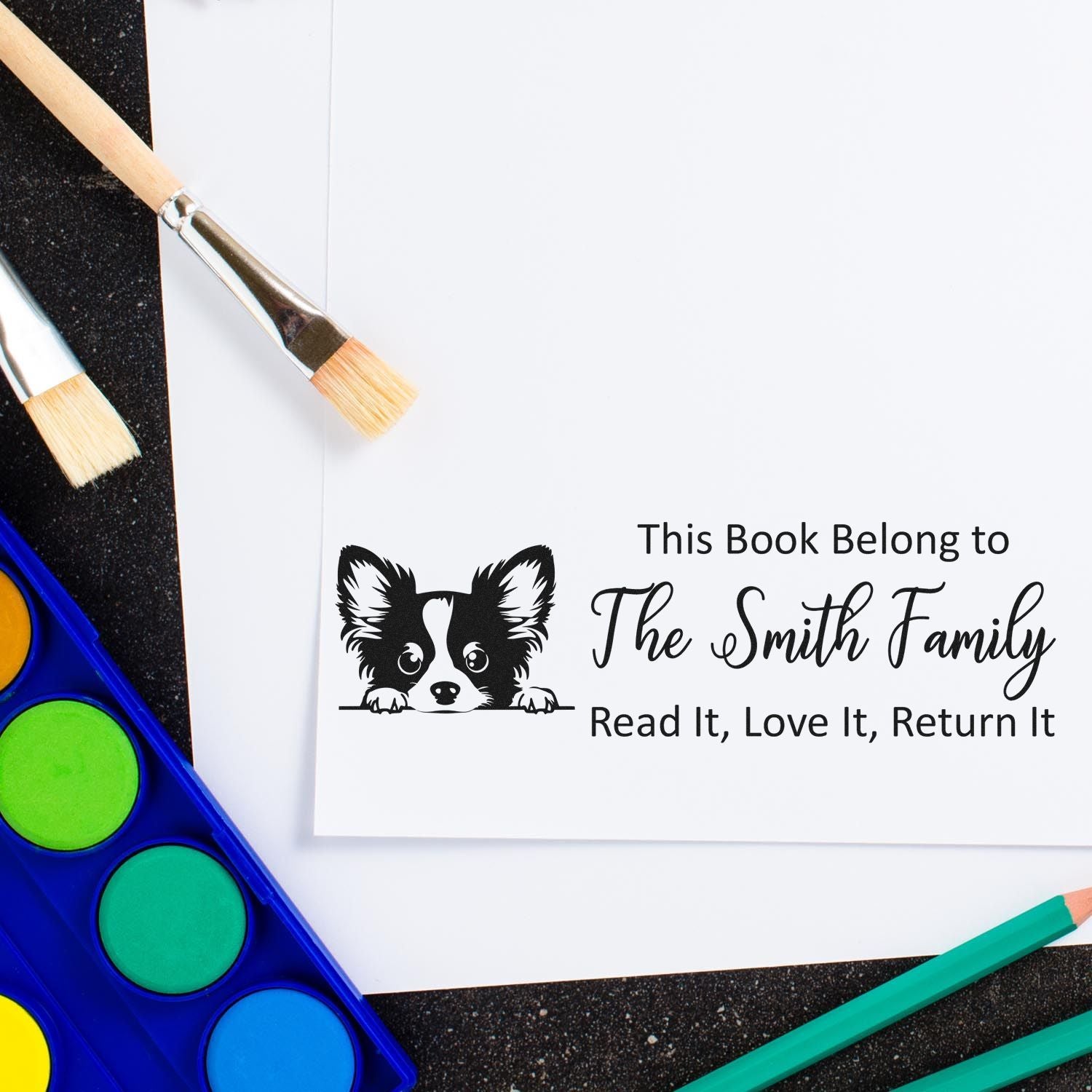 Self-Inking Papillon Personalized Dog With Books Stamper - Engineer Seal Stamps