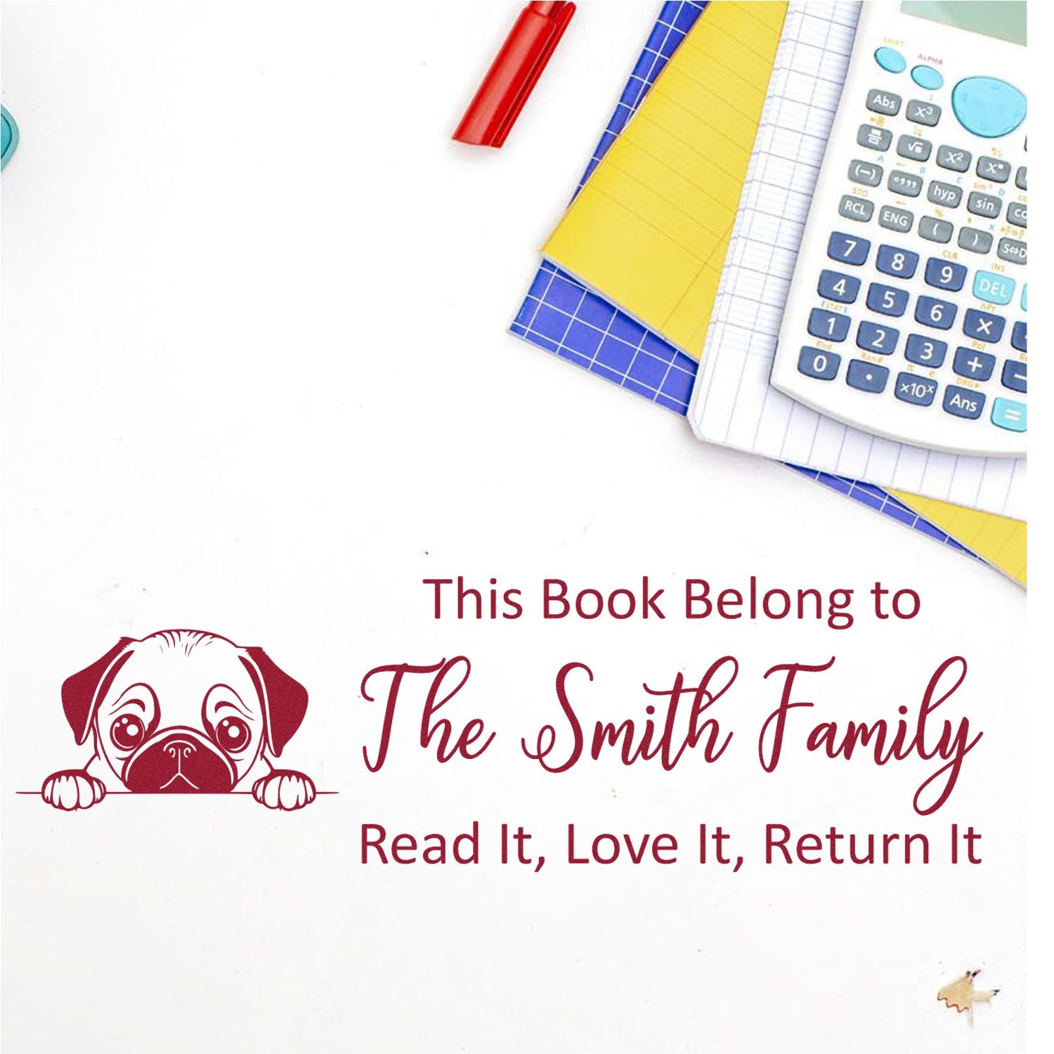 Slim Pug Customizable Bookworm Dog Stamp - Engineer Seal Stamps