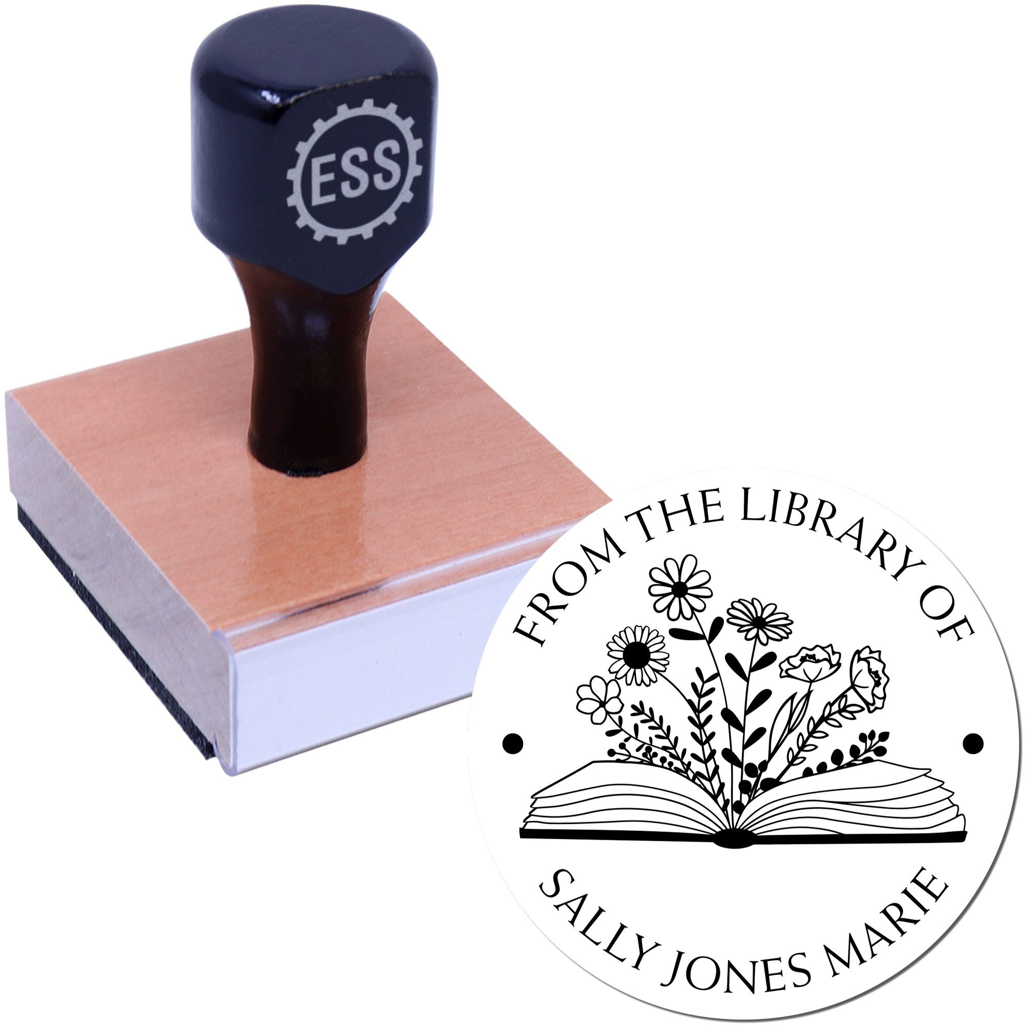 Wood Handle Open Book with Wild Flowers Custom Book Property Stamp - Engineer Seal Stamps