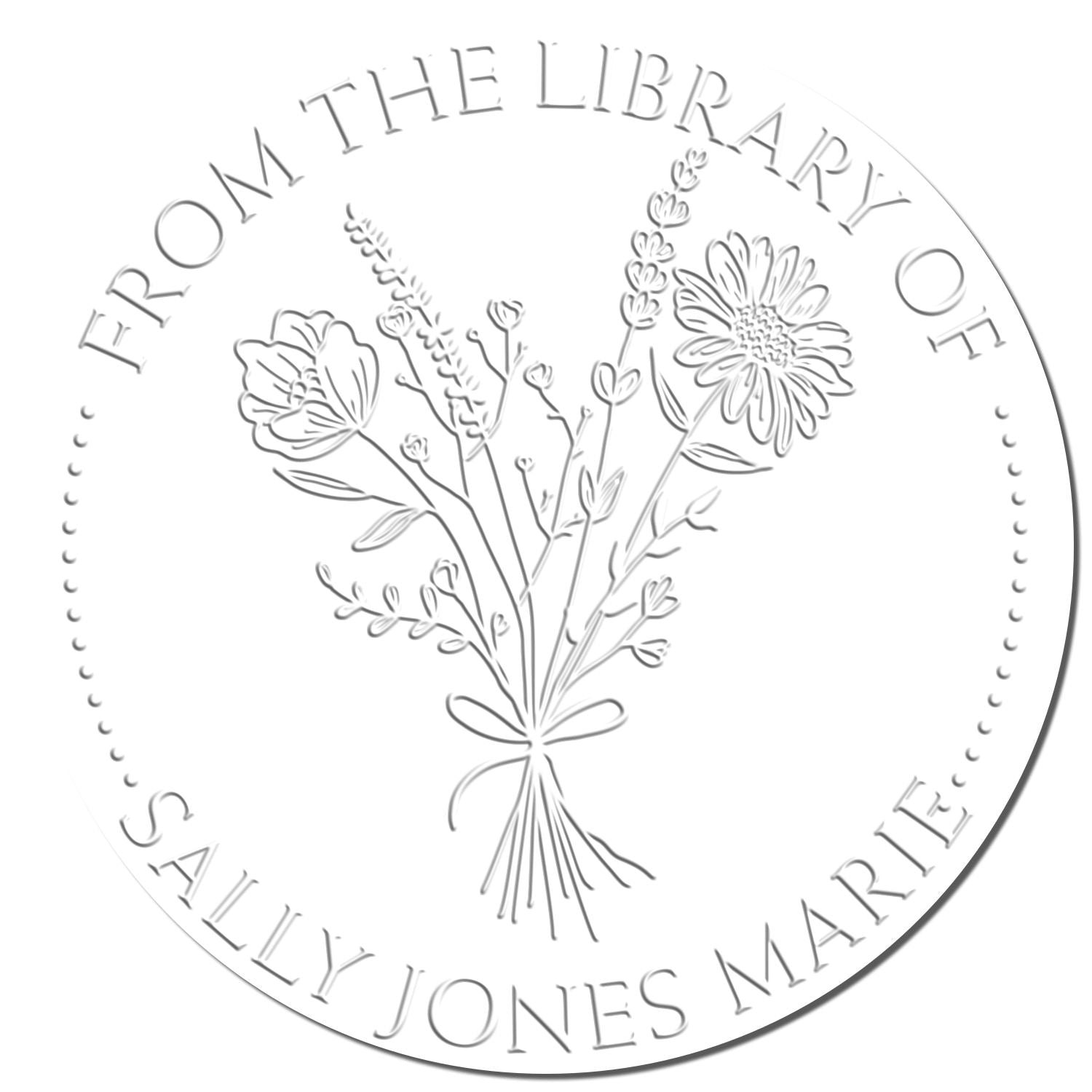 White circular embossing seal with floral bouquet and curved text: From the Library of Sally Jones Marie