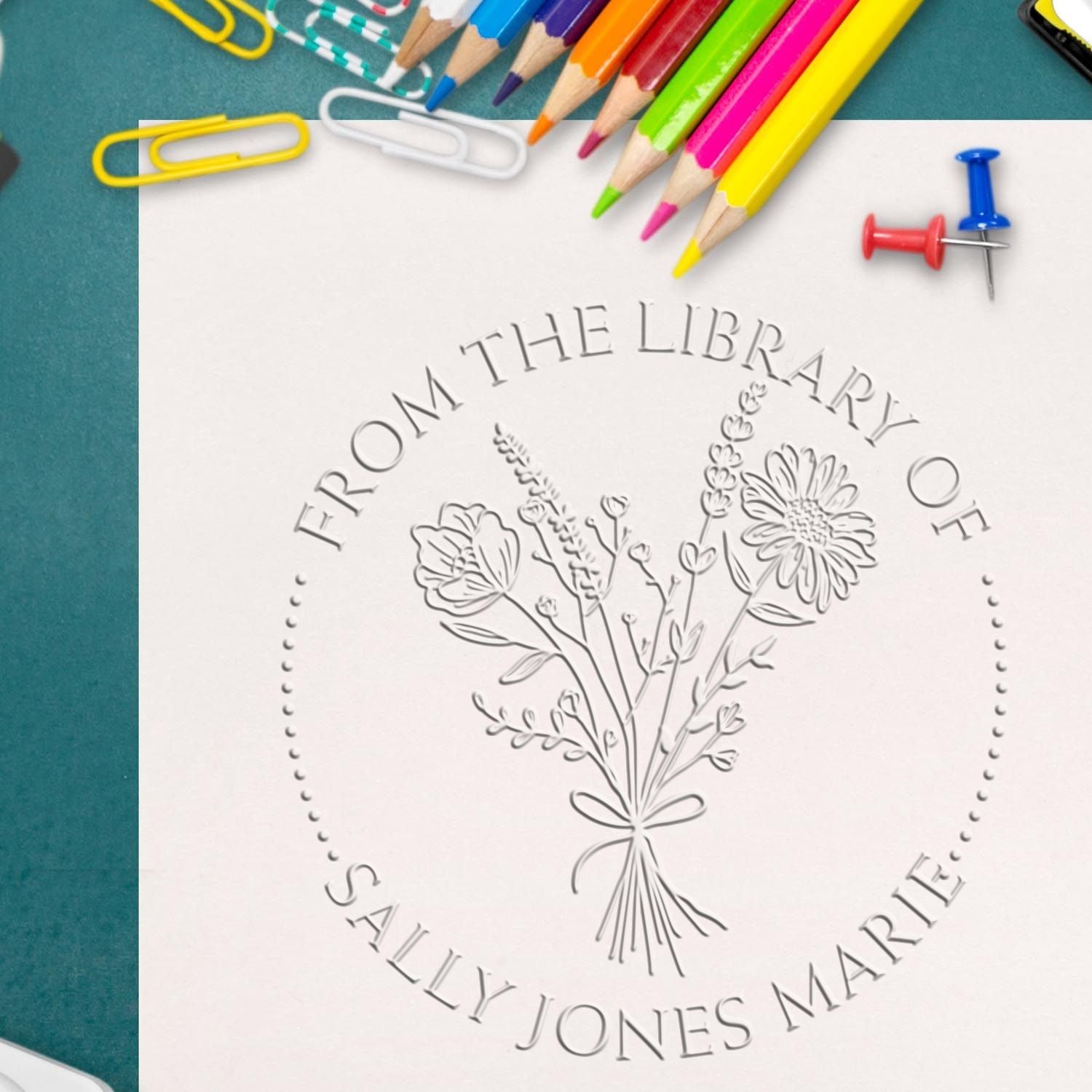 Hybrid Bouquet of Flowers tied with a String Custom Made Book Library Embossed Stamp - Engineer Seal Stamps