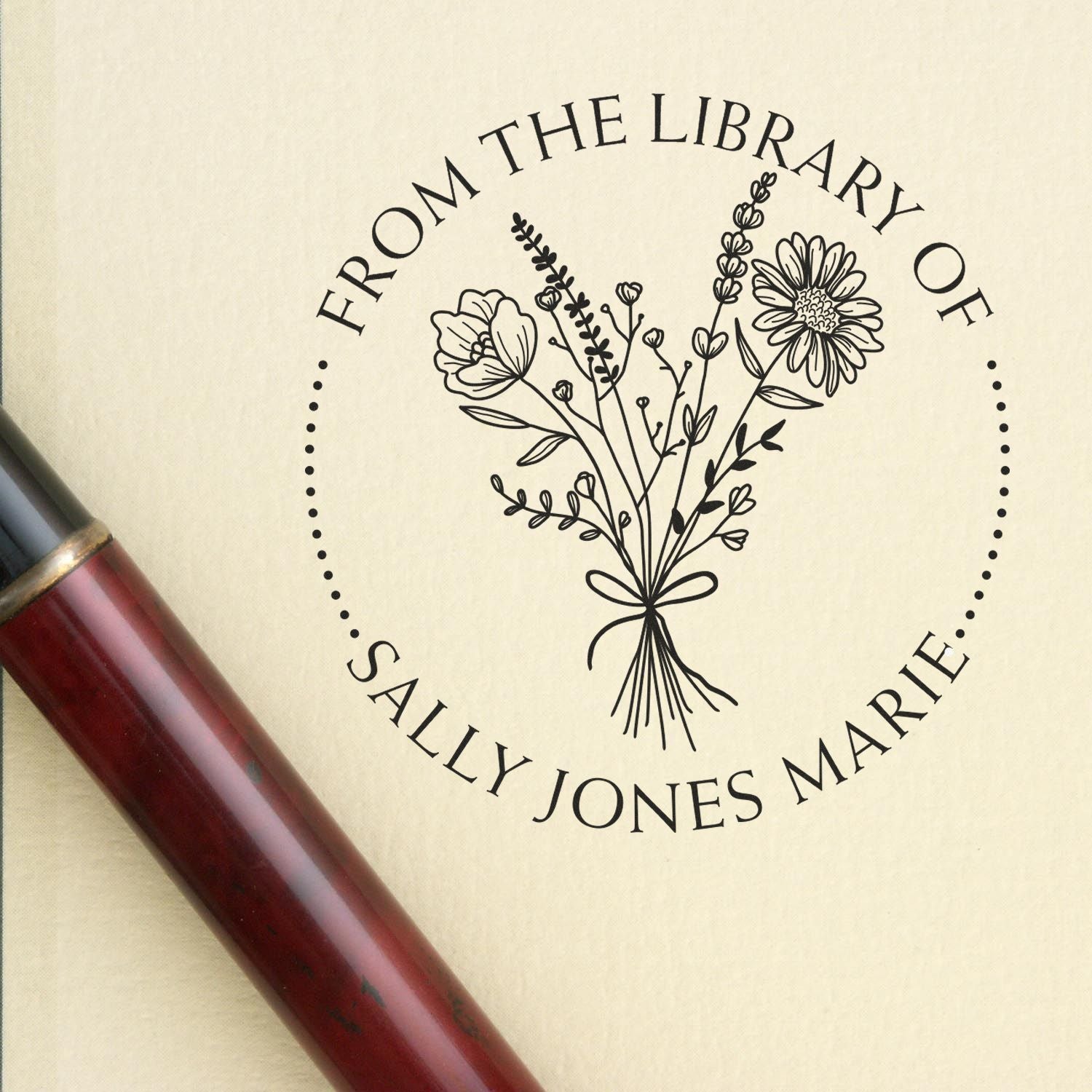 Wood Handle Bouquet of Flowers tied with a String Custom Book Property Stamper - Engineer Seal Stamps