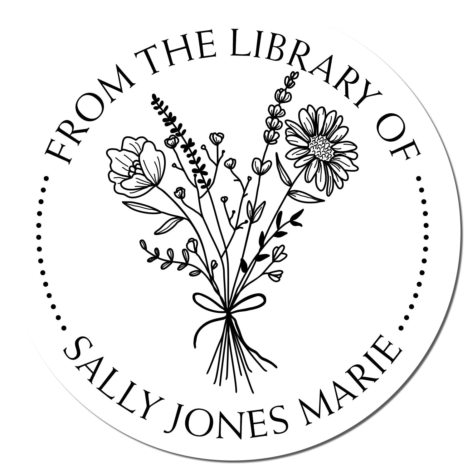 Black-and-white circular library stamp seal with floral bouquet and text: From the Library of Sally Jones Marie.