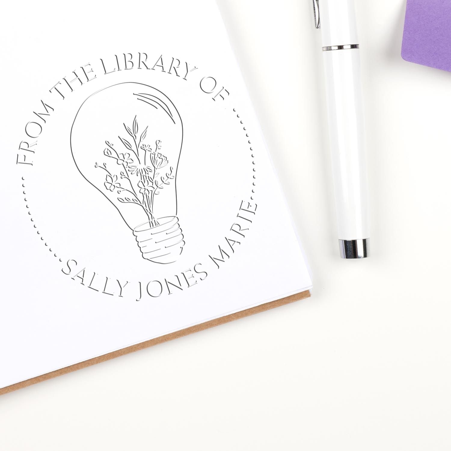 Desk Flowers inside a Light Bulb Custom Made Bookworm Seal Press - Engineer Seal Stamps