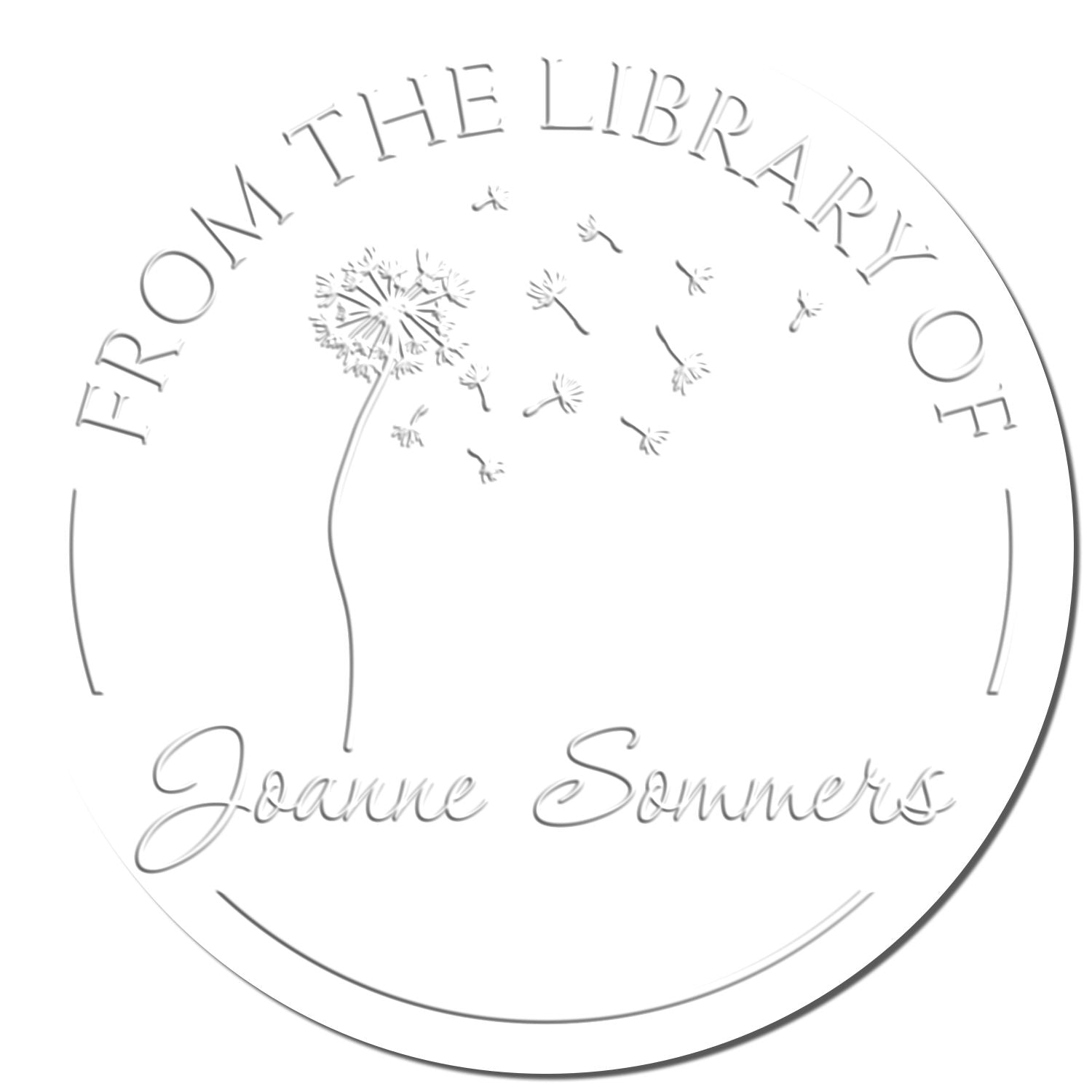 White circular library stamp seal with gray embossed From the Library of Joanne Sommers and drifting dandelion seeds.