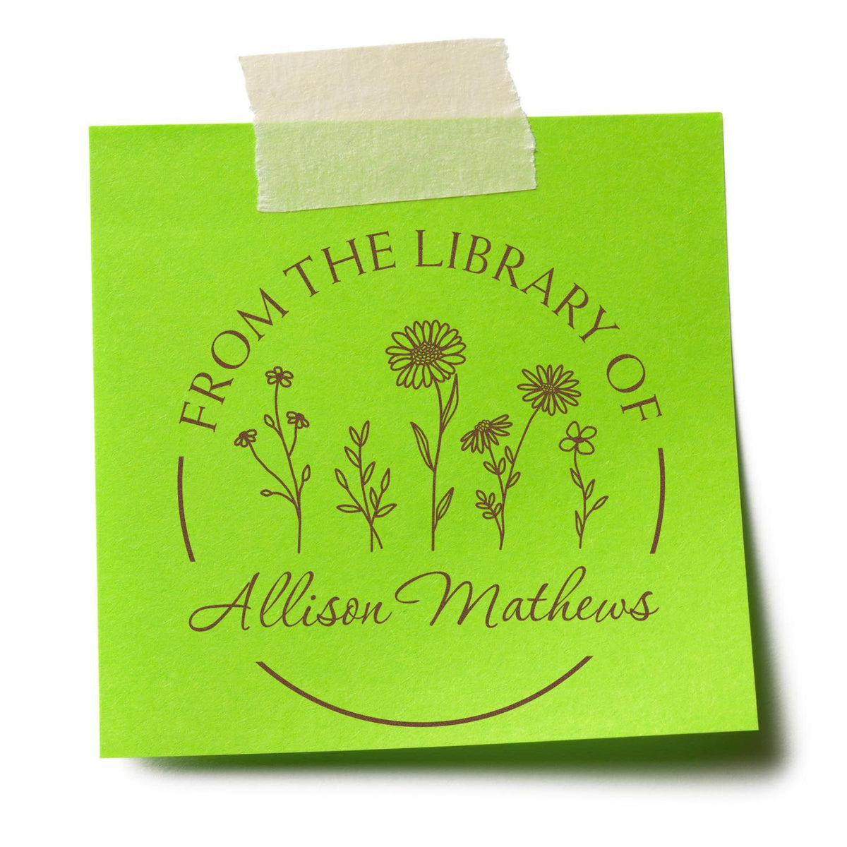 Bright green custom library stamp seal with brown floral design, reading "From the Library of Allison Mathews."