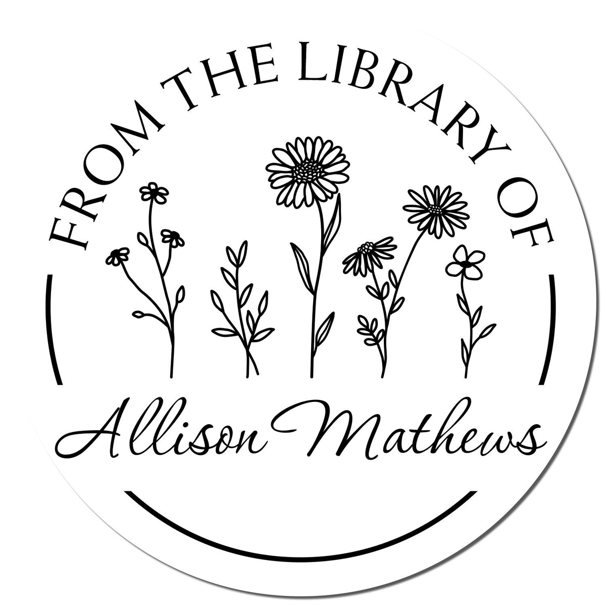 Black-and-white circular library stamp seal with floral line art and From the Library of Allison Mathews text.