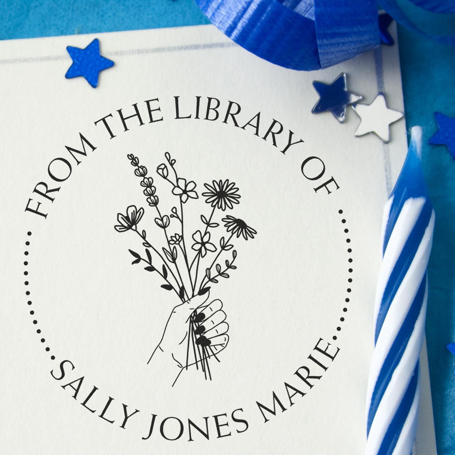 PSI Pre-Inked Holding a Bunch of Flowers Custom Made This Book Belongs To Stamper - Engineer Seal Stamps
