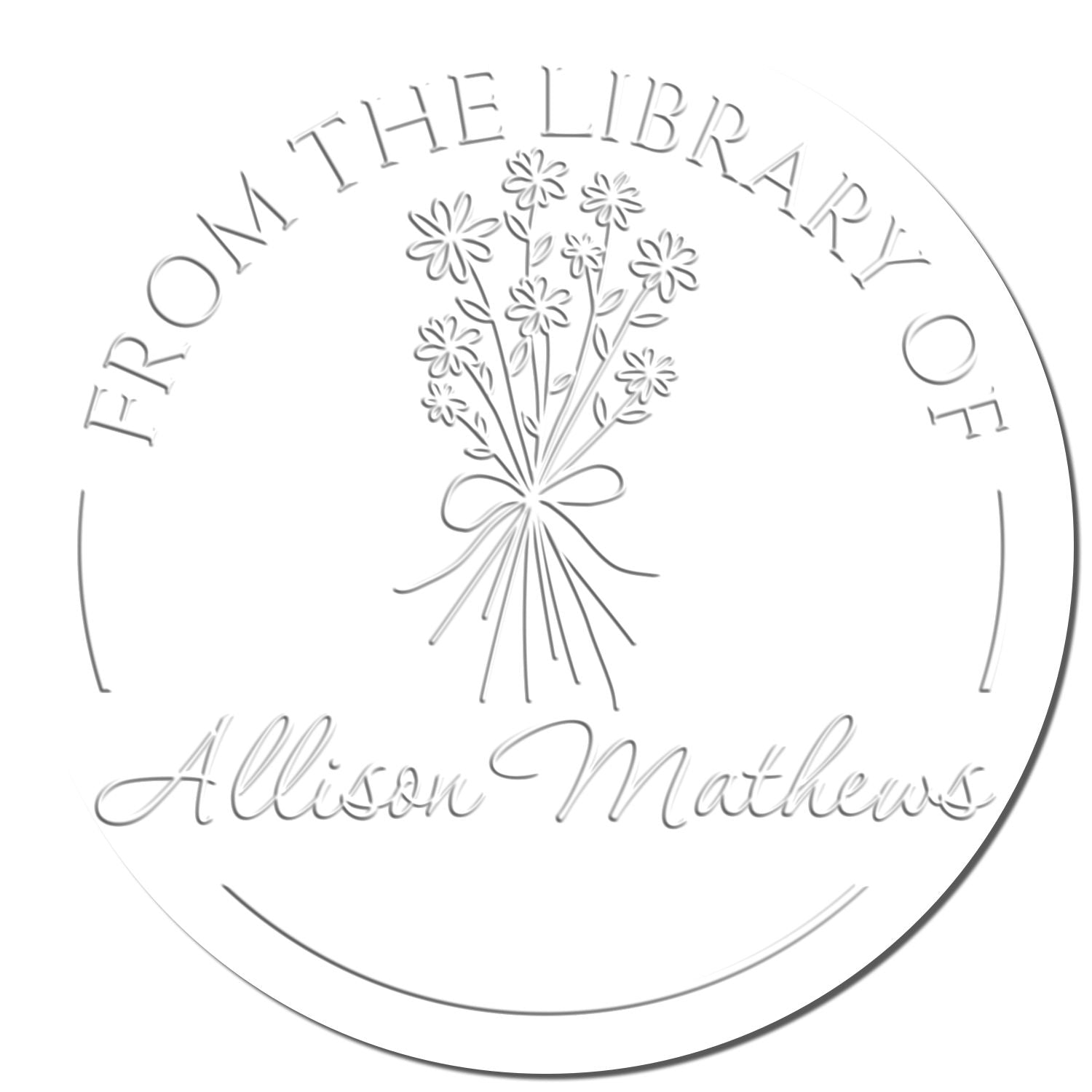 White circular library bookplate stamp seal with gray floral bouquet and script text From the Library of Allison Mathews
