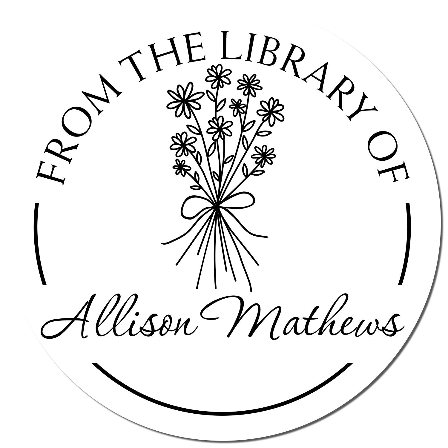 Black-and-white circular library stamp seal with floral bouquet and From the Library of Allison Mathews text.
