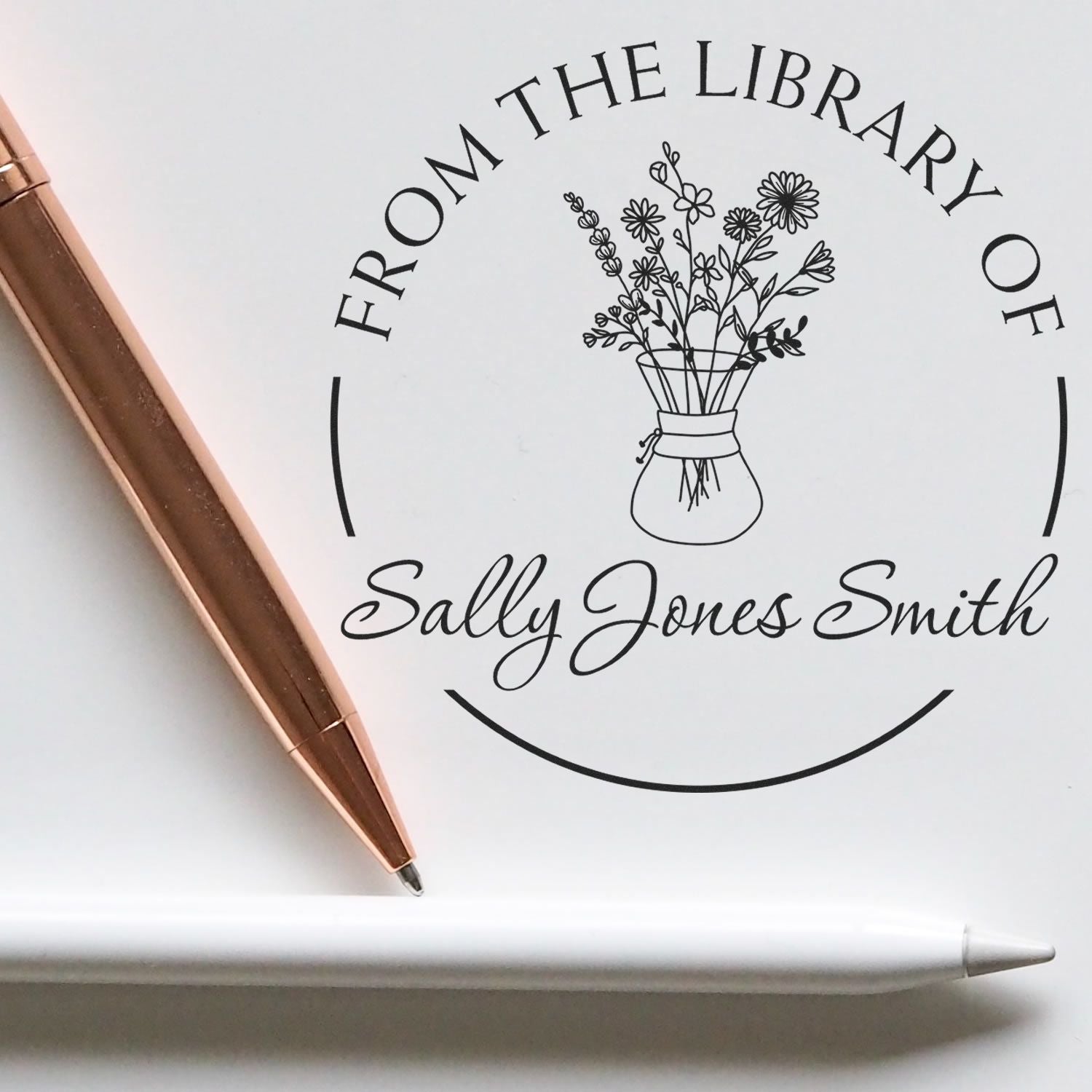 Self-Inking Flowers in Glass Vase Custom Made Book Ownership Stamp - Engineer Seal Stamps