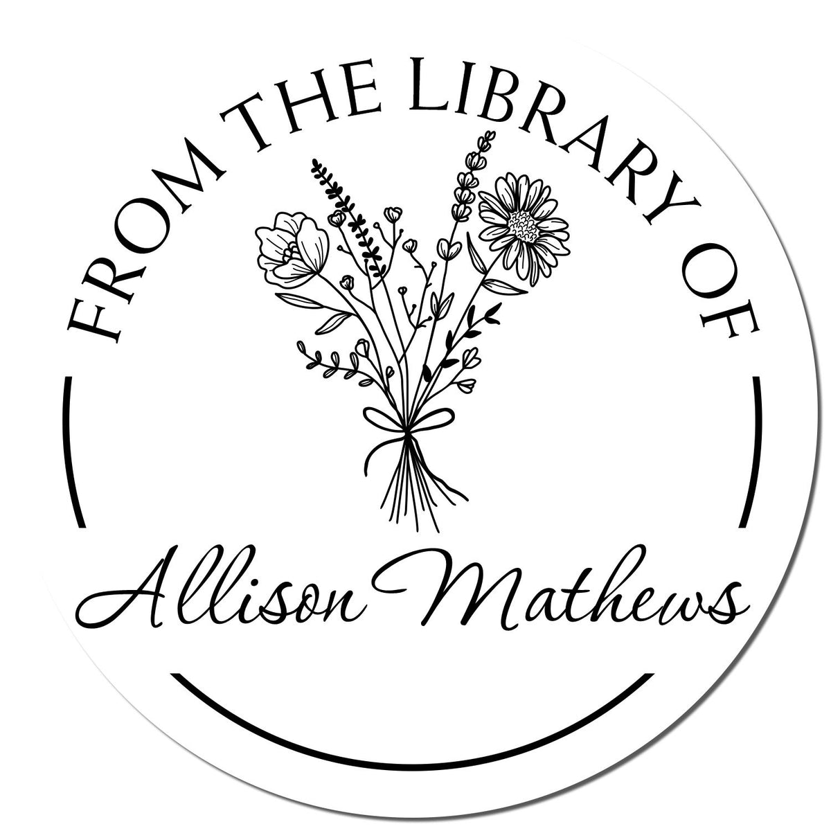 Black-and-white circular library stamp seal with floral bouquet and From the Library of Allison Mathews text.
