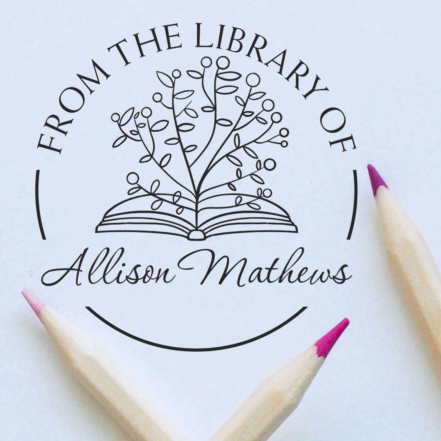 Pre-Inked Open Book Flowers with Scripted Name Personalized Read It Love It Stamp - Engineer Seal Stamps