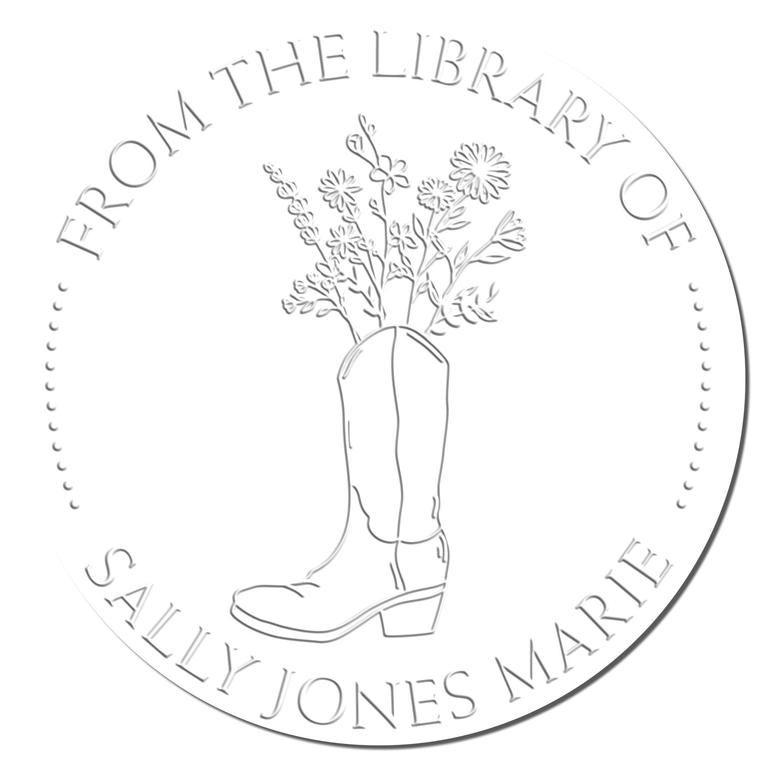White circular library seal stamp with gray cowboy boot vase of flowers and arched text: From the Library of Sally Jones Marie.