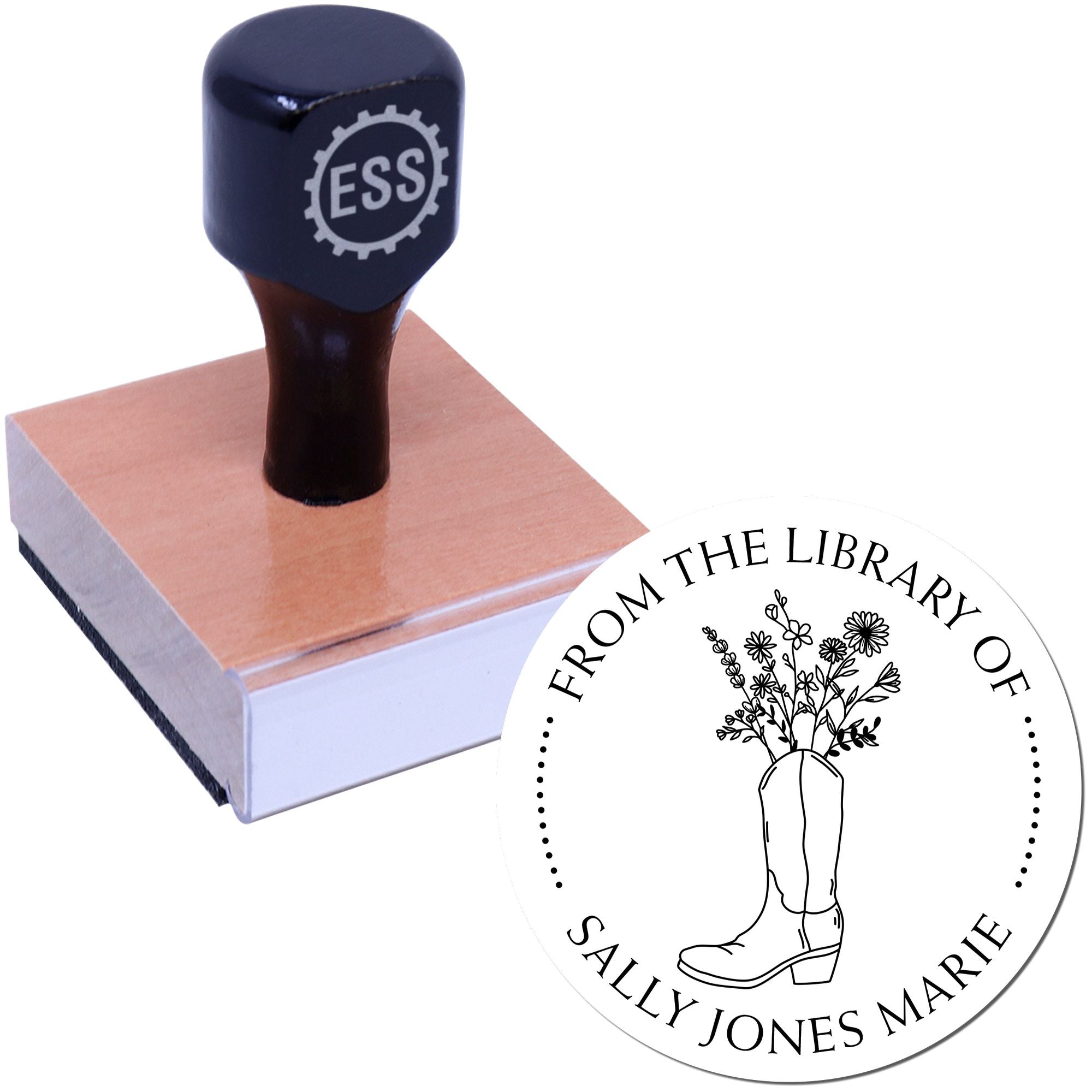Wood Handle Cowboy Boot with Flowers Custom Library Collection Stamper - Engineer Seal Stamps