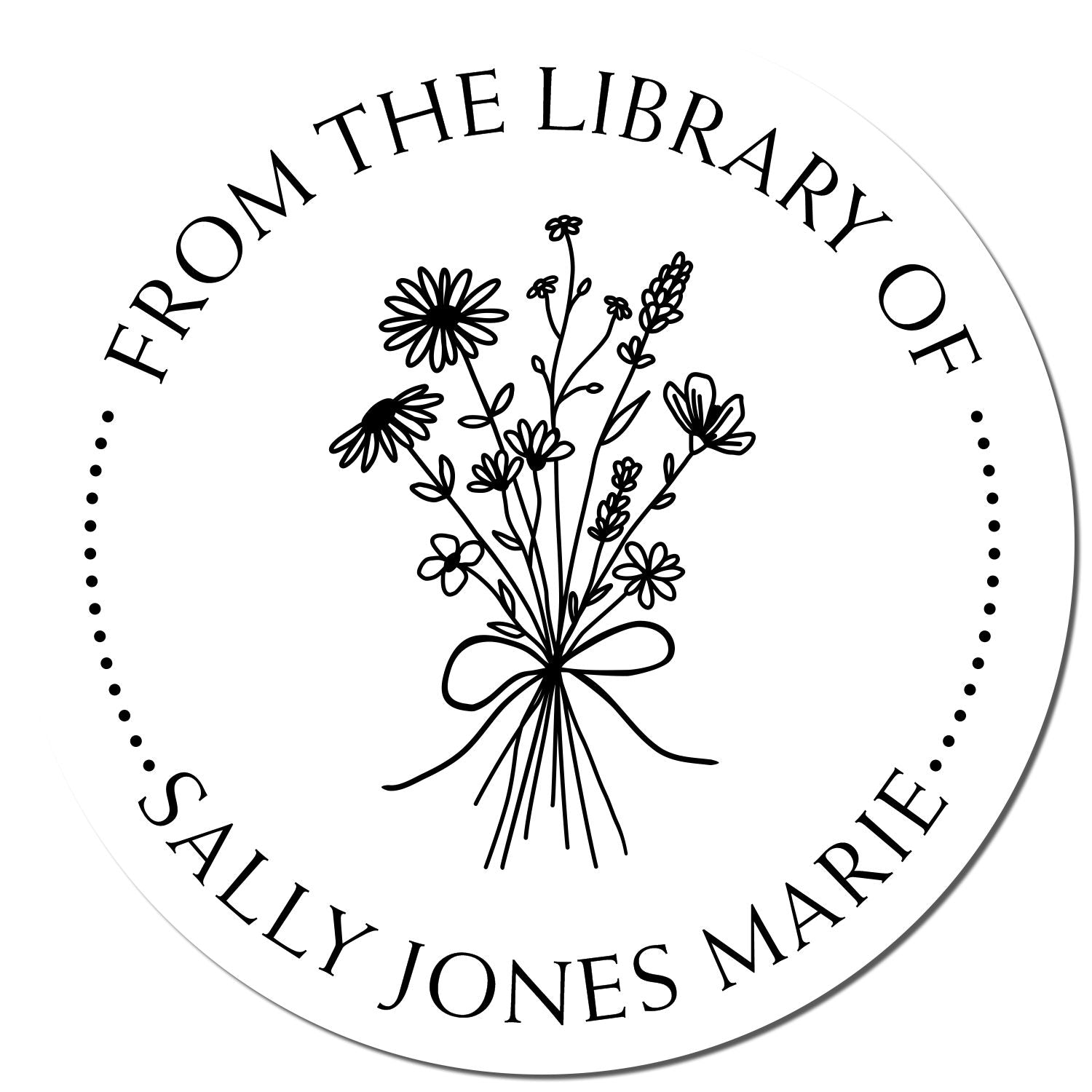 Black-and-white circular library stamp seal with floral bouquet and ribbon, reading From the Library of Sally Jones Marie.