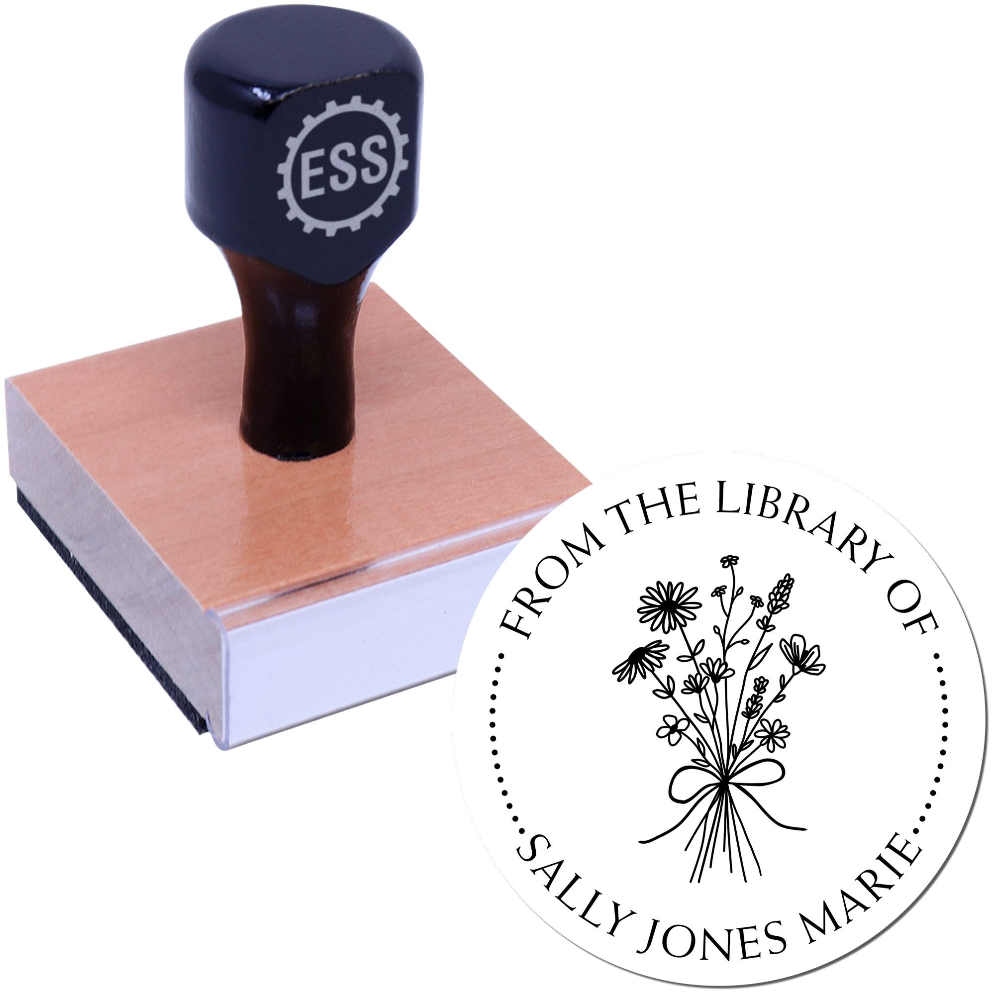 Wood Handle Bouquet of Flowers Tied with a Bow Custom Library Name Stamper - Engineer Seal Stamps
