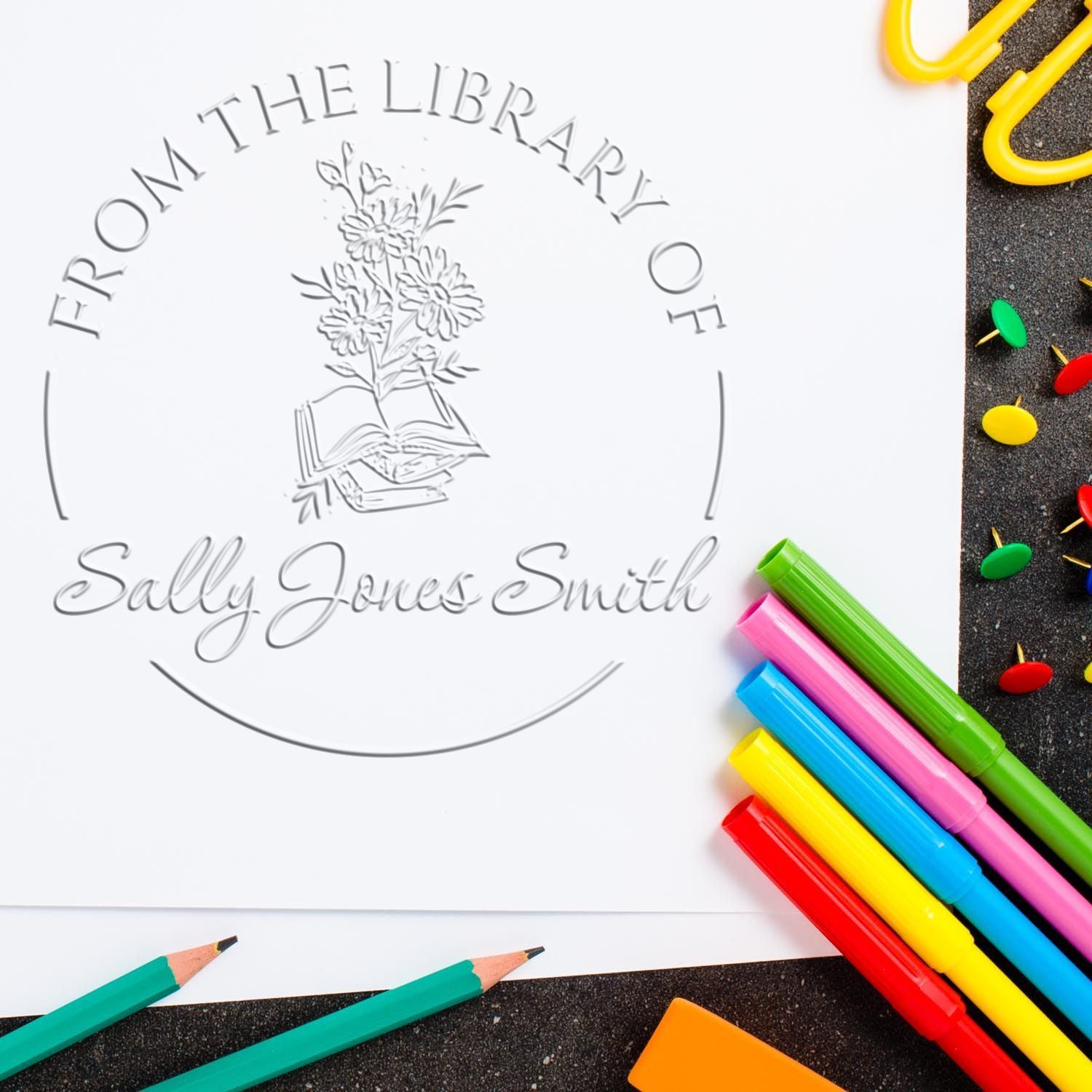 Desk Stack of Books with Flowers Custom Made Library Seal Press - Engineer Seal Stamps