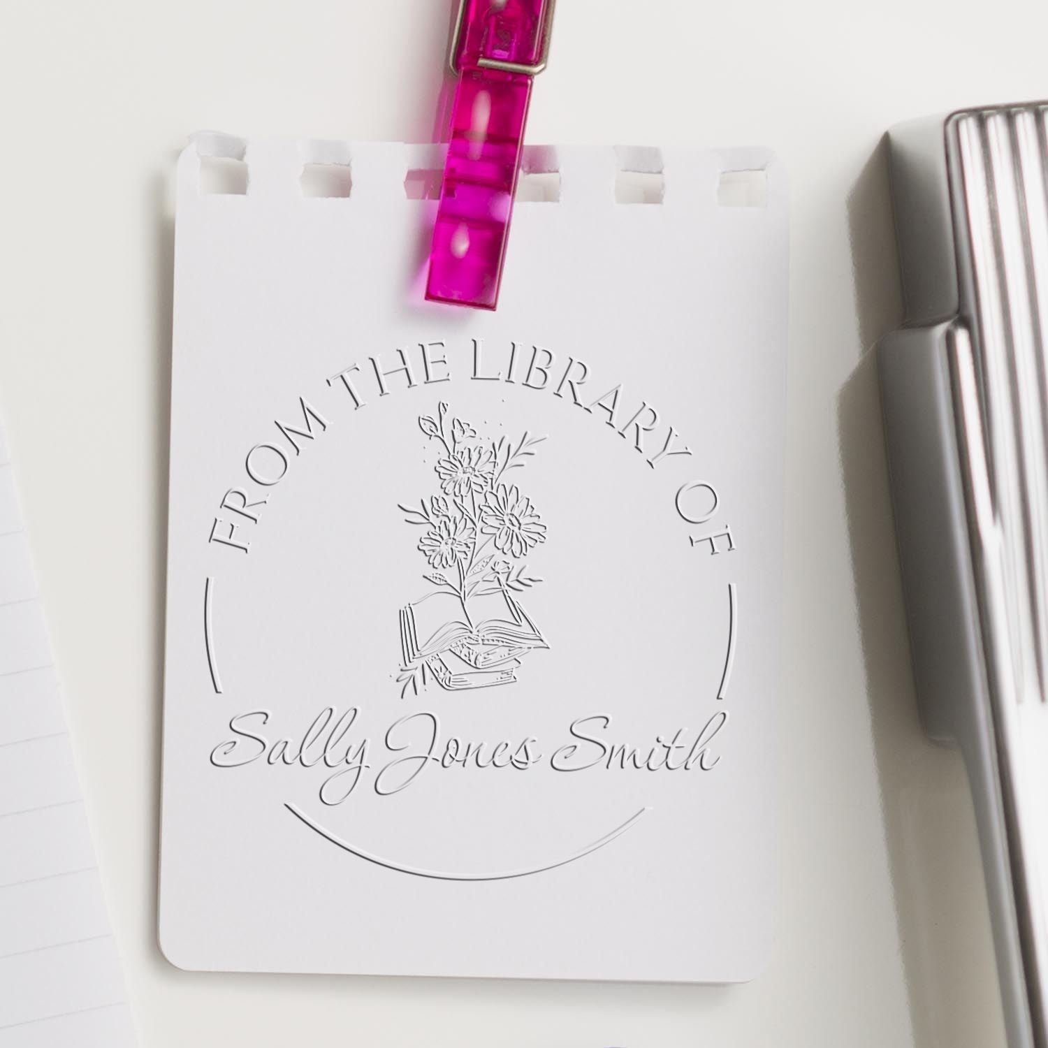 Desk Stack of Books with Flowers Custom Made Library Seal Press - Engineer Seal Stamps
