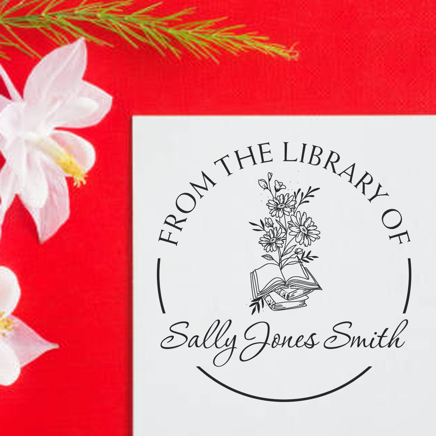 Wood Handle Stack of Books with Flowers Custom Library Of Stamp