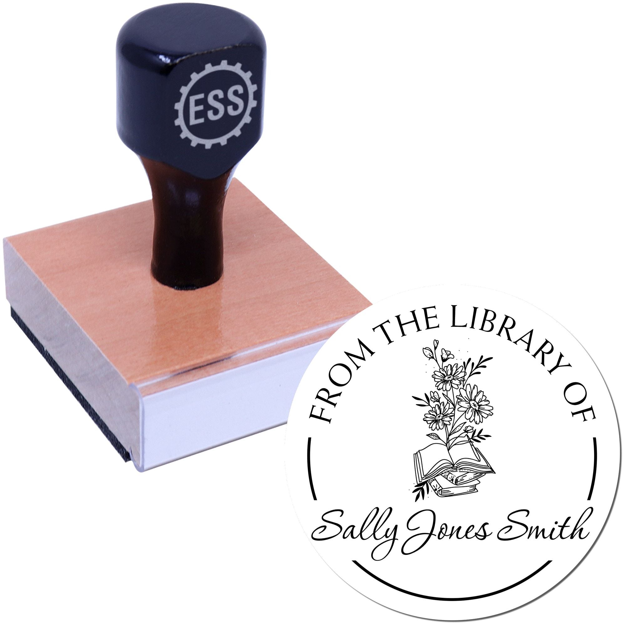 Wood Handle Stack of Books with Flowers Custom Library Of Stamp
