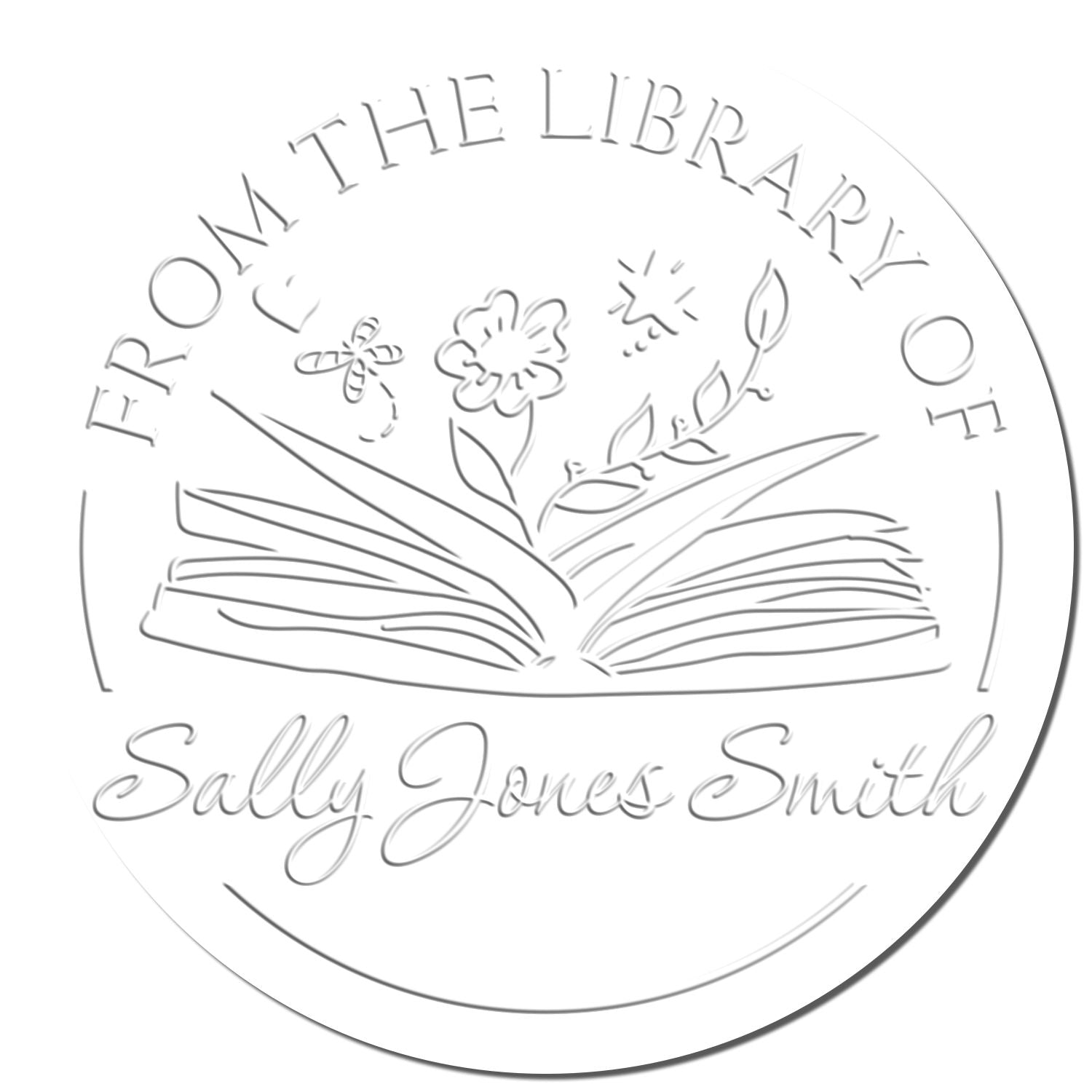 White circular embossing stamp seal with open book, flowers, and silver-gray From the Library of Sally Jones Smith text.