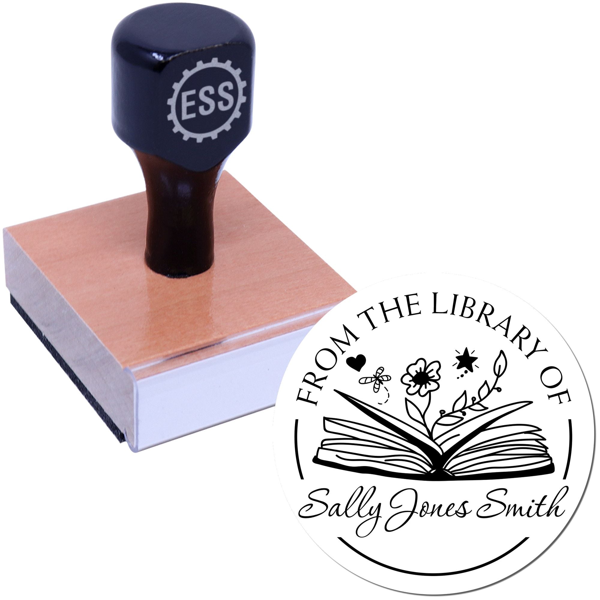 Wood Handle Open Book with Flowers, Hearts, Stars Custom Library Of Stamper - Engineer Seal Stamps