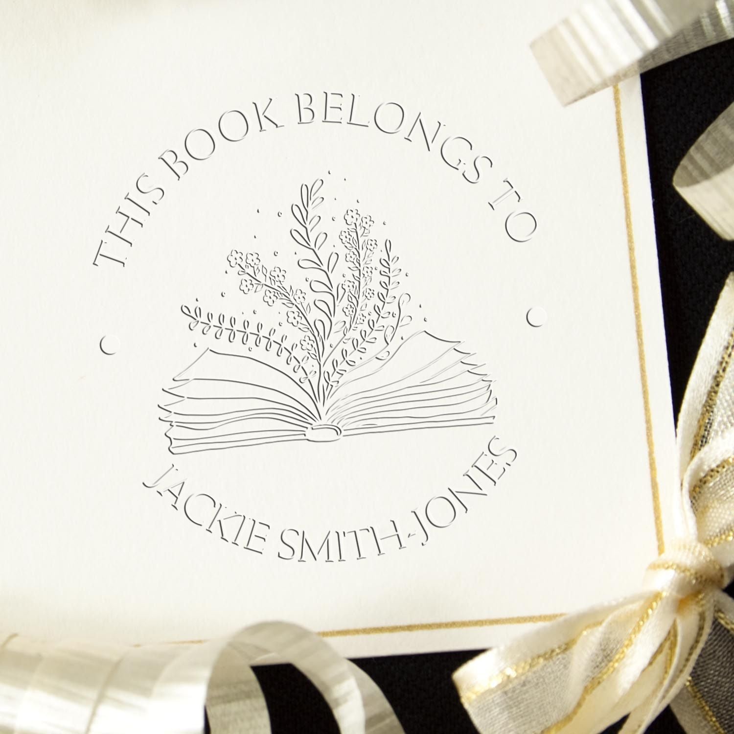 Soft Open Book with Flowers and Fluttering Pages Custom This Book Belongs To Embossed Stamp - Engineer Seal Stamps