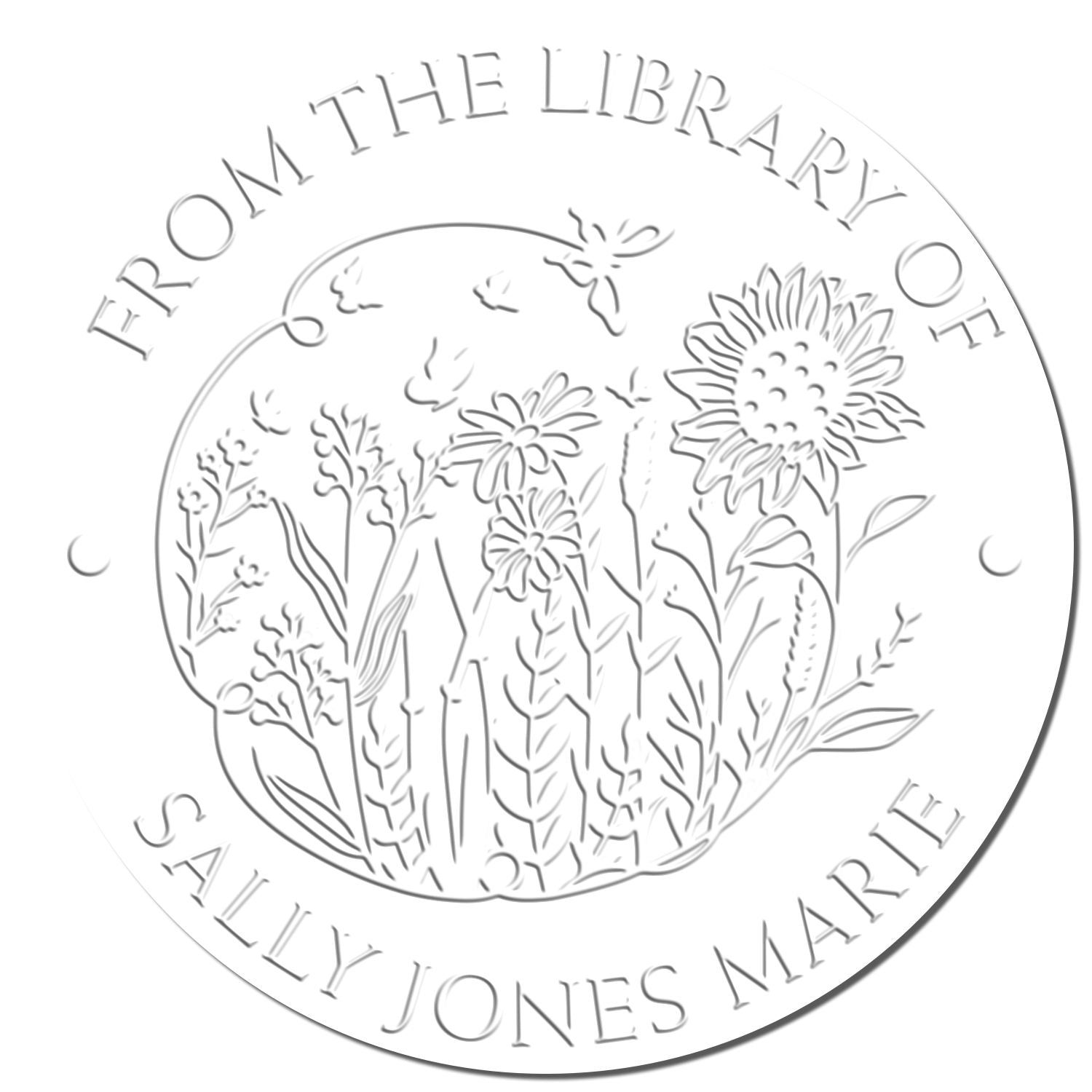 White round embossing seal/stamp with floral line art and curved text, “From the Library of Sally Jones Marie.”