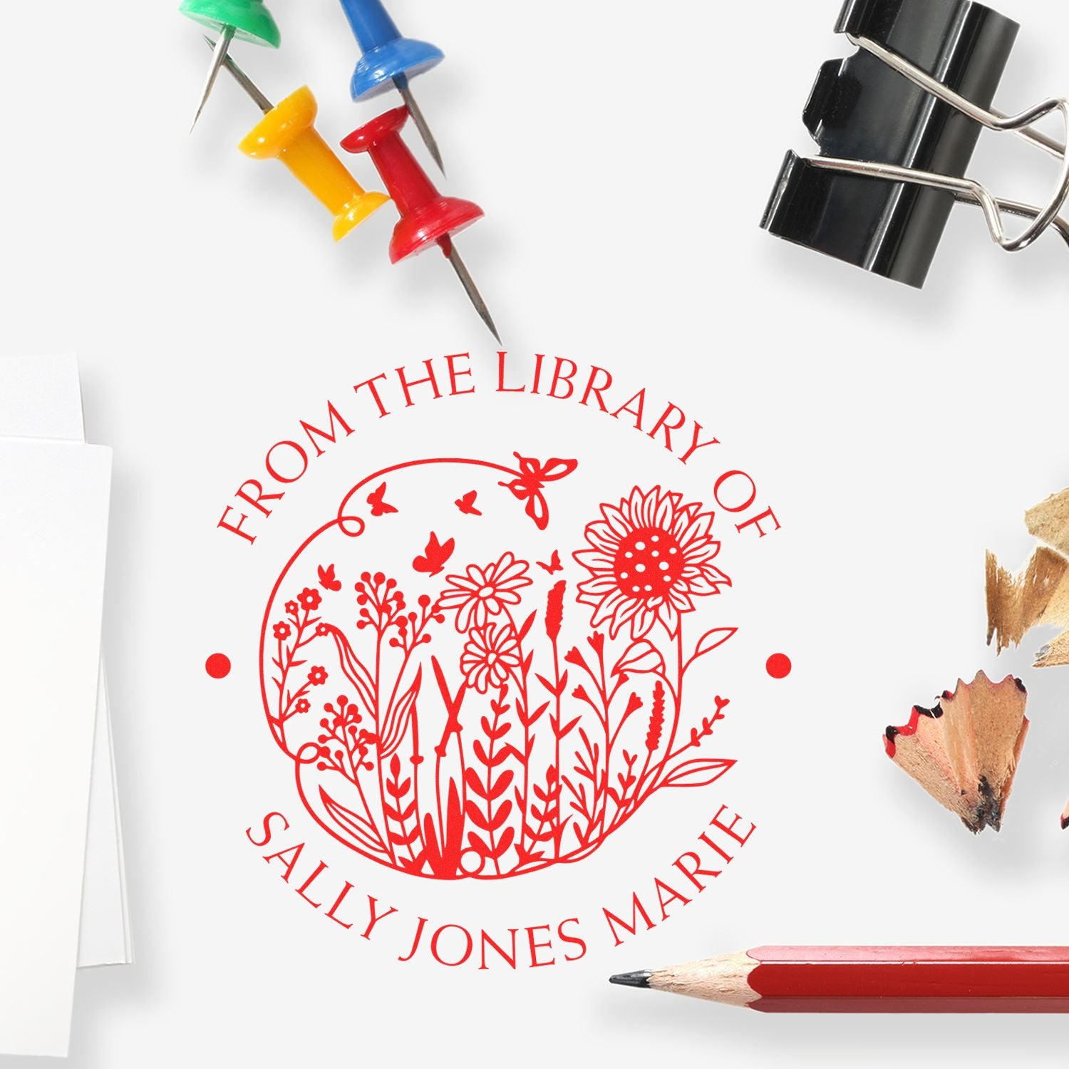 Wood Handle Blooming Field of Flowers Custom My Library Stamp - Engineer Seal Stamps