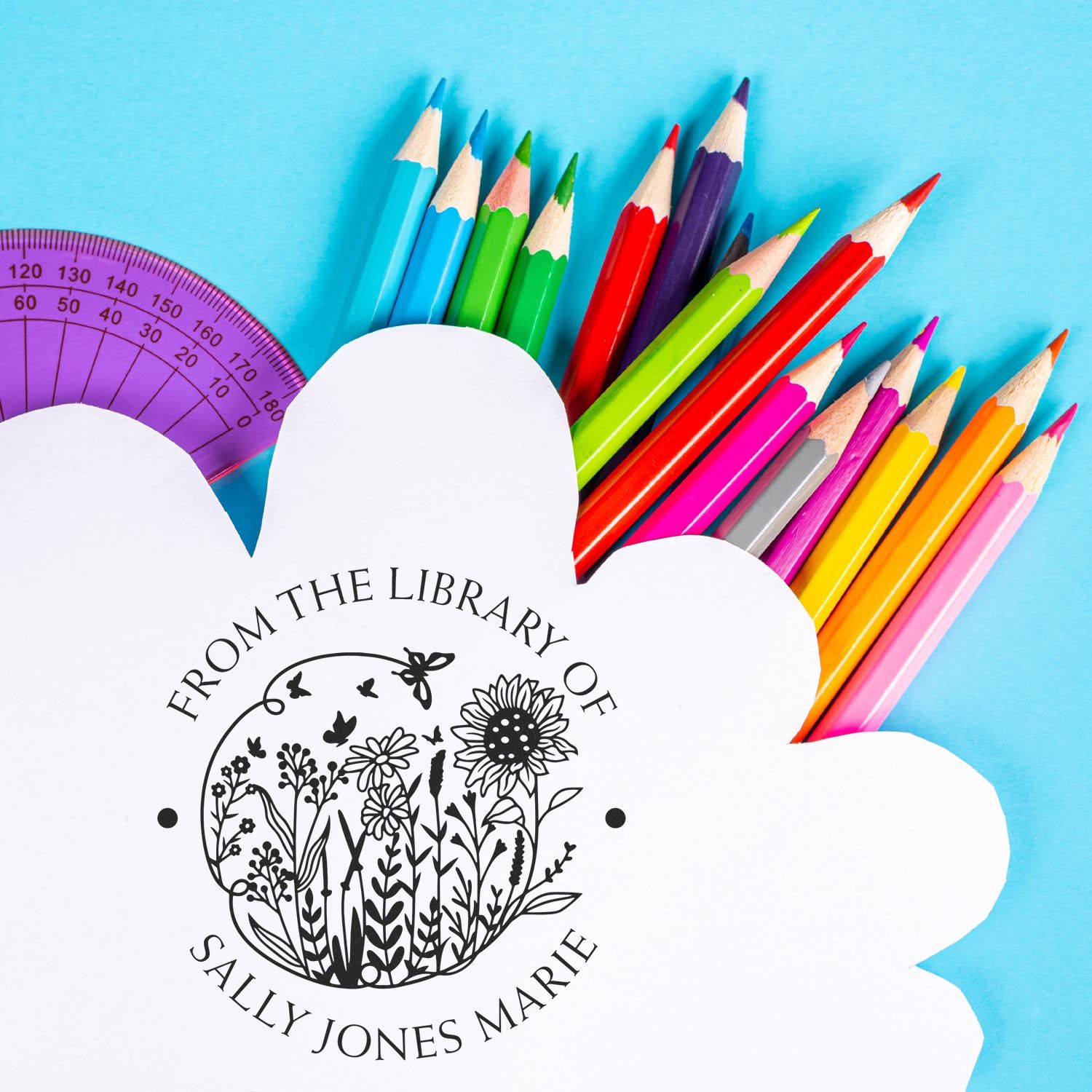 Wood Handle Blooming Field of Flowers Custom My Library Stamp