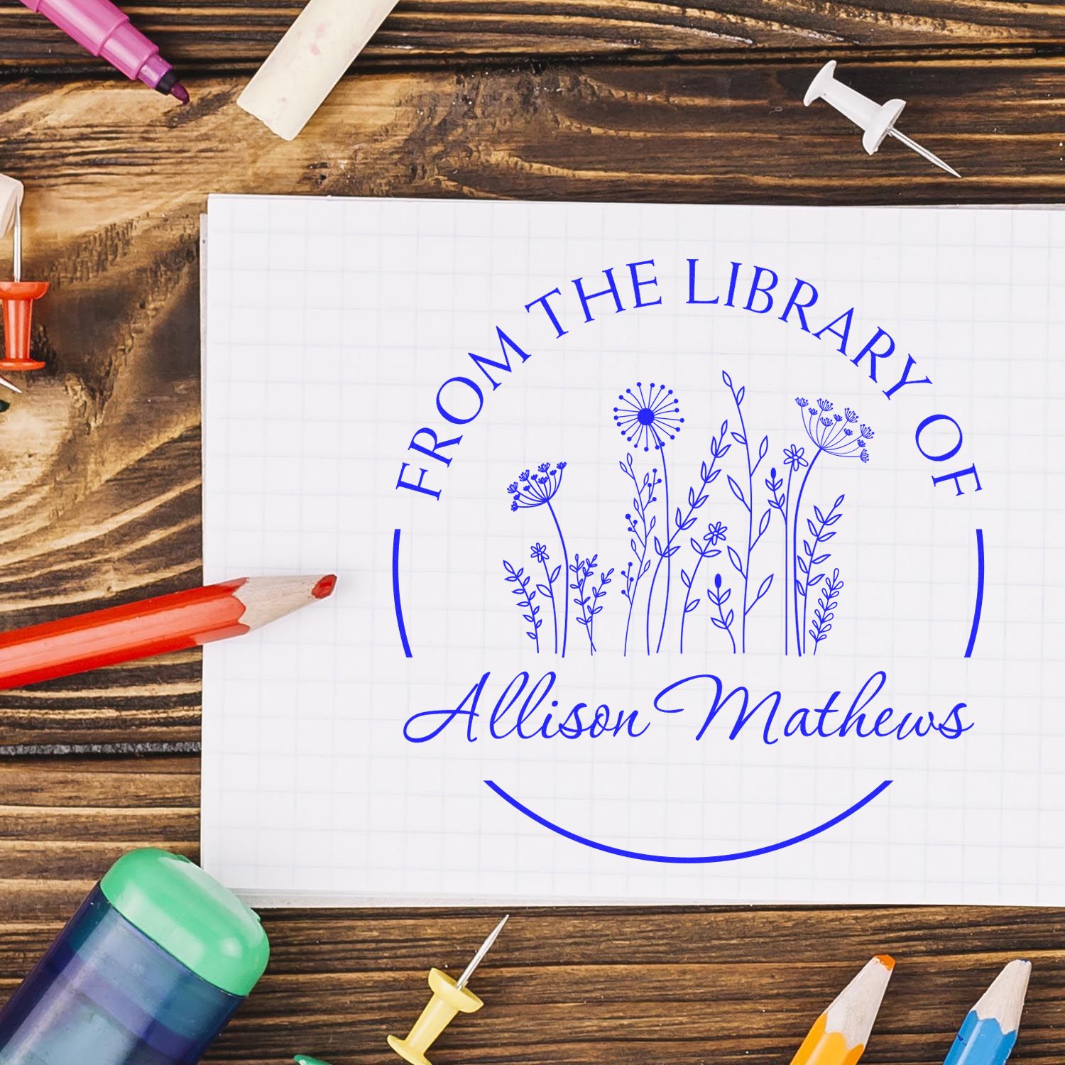 PSI Pre-Inked Petalicious Flowers Personalized Book Name Stamper - Engineer Seal Stamps