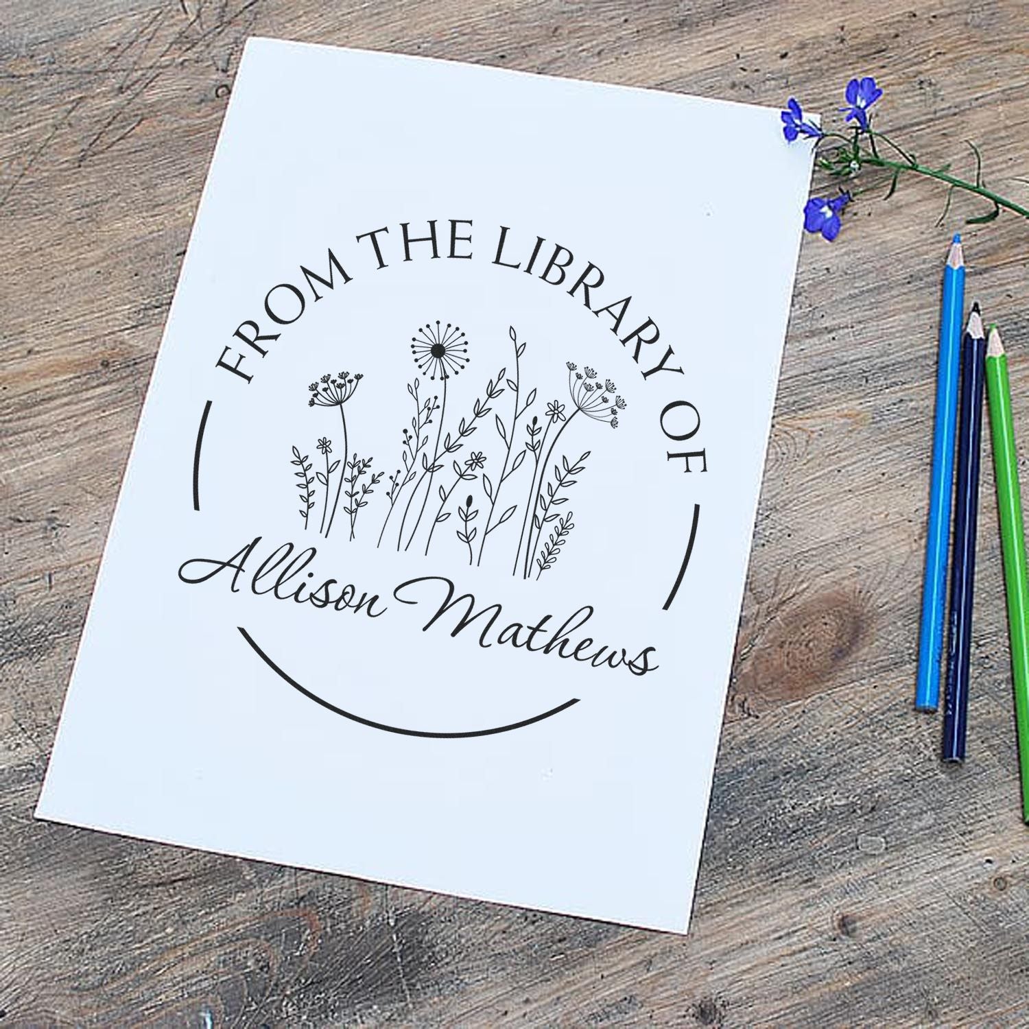 Wood Handle Petalicious Flowers Custom My Library Stamper - Engineer Seal Stamps