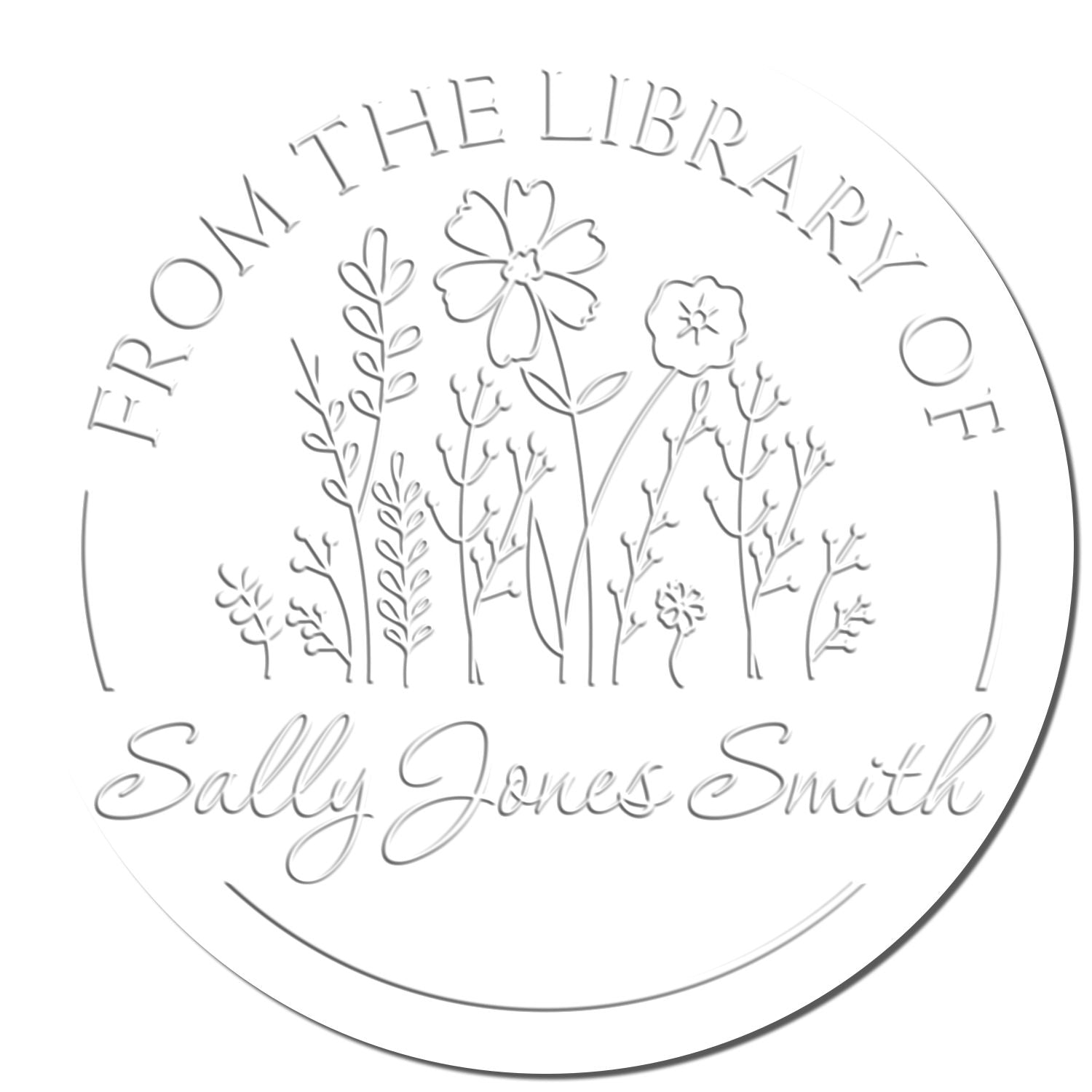 White circular library stamp seal with gray floral line art and embossed text: From the Library of Sally Jones Smith
