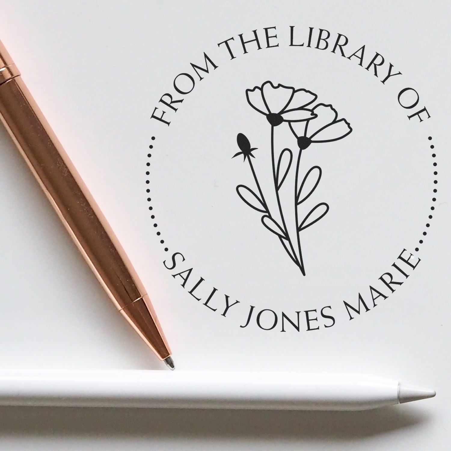 Wood Handle Graceful Petals Custom Name Inscription Stamper - Engineer Seal Stamps