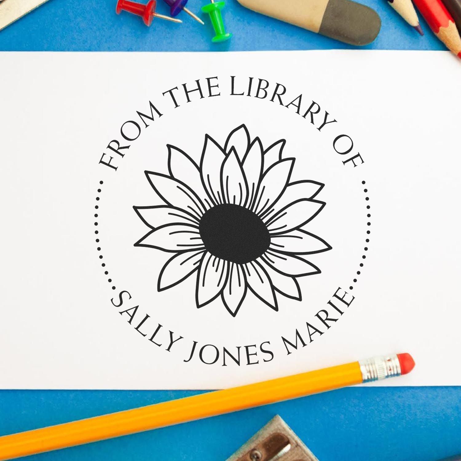 Self-Inking Bountiful Sunflower Custom Made Library Name Stamper - Engineer Seal Stamps