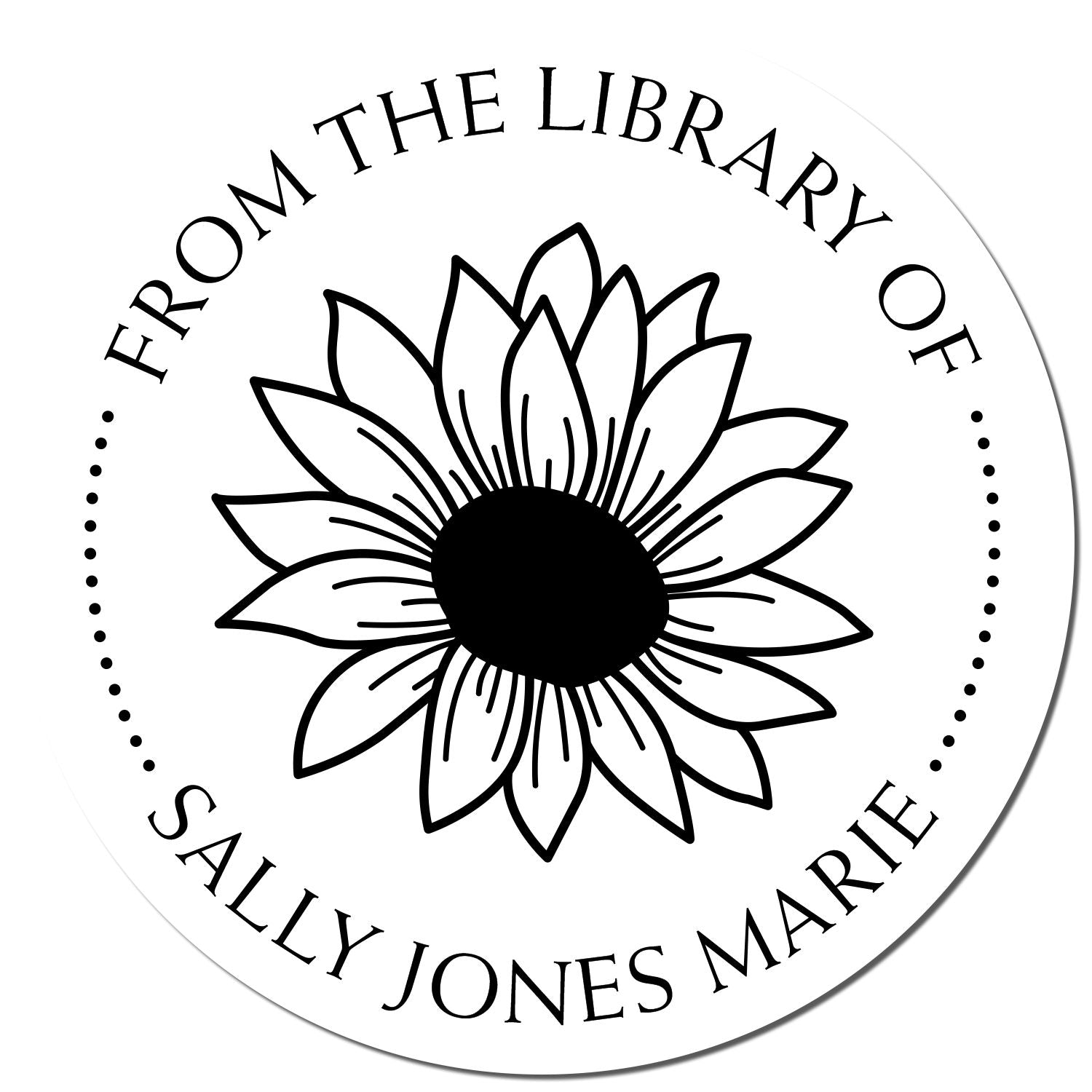 Black circular library stamp seal with sunflower center, black text FROM THE LIBRARY OF SALLY JONES MARIE on white background.