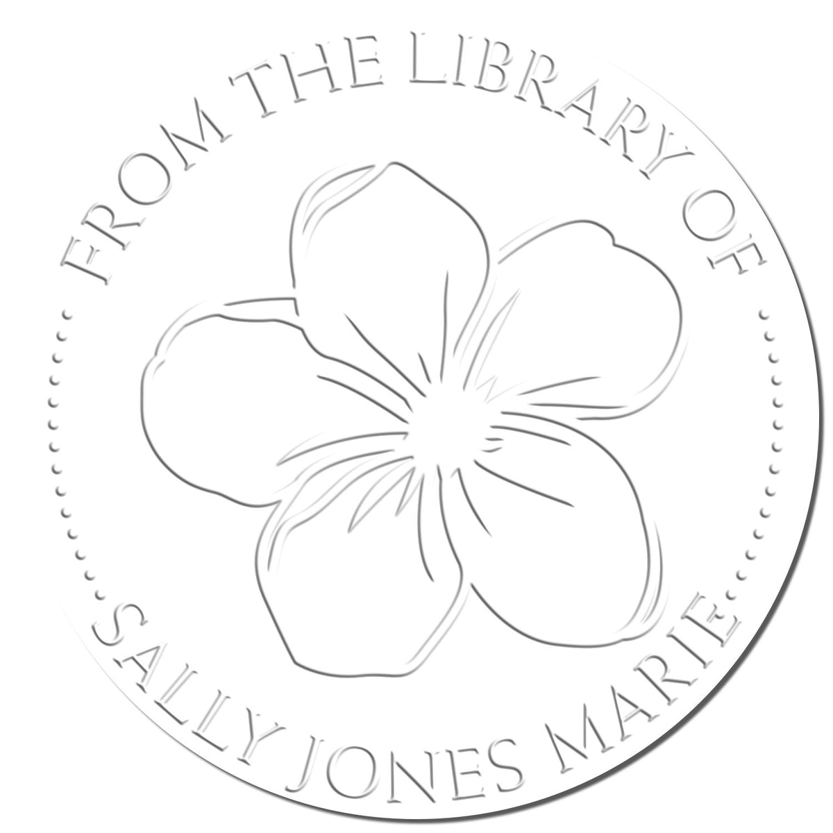 Shiny floral stamping embossing stamp with charming bloom design, showing an enlarged embossed imprint on paper.