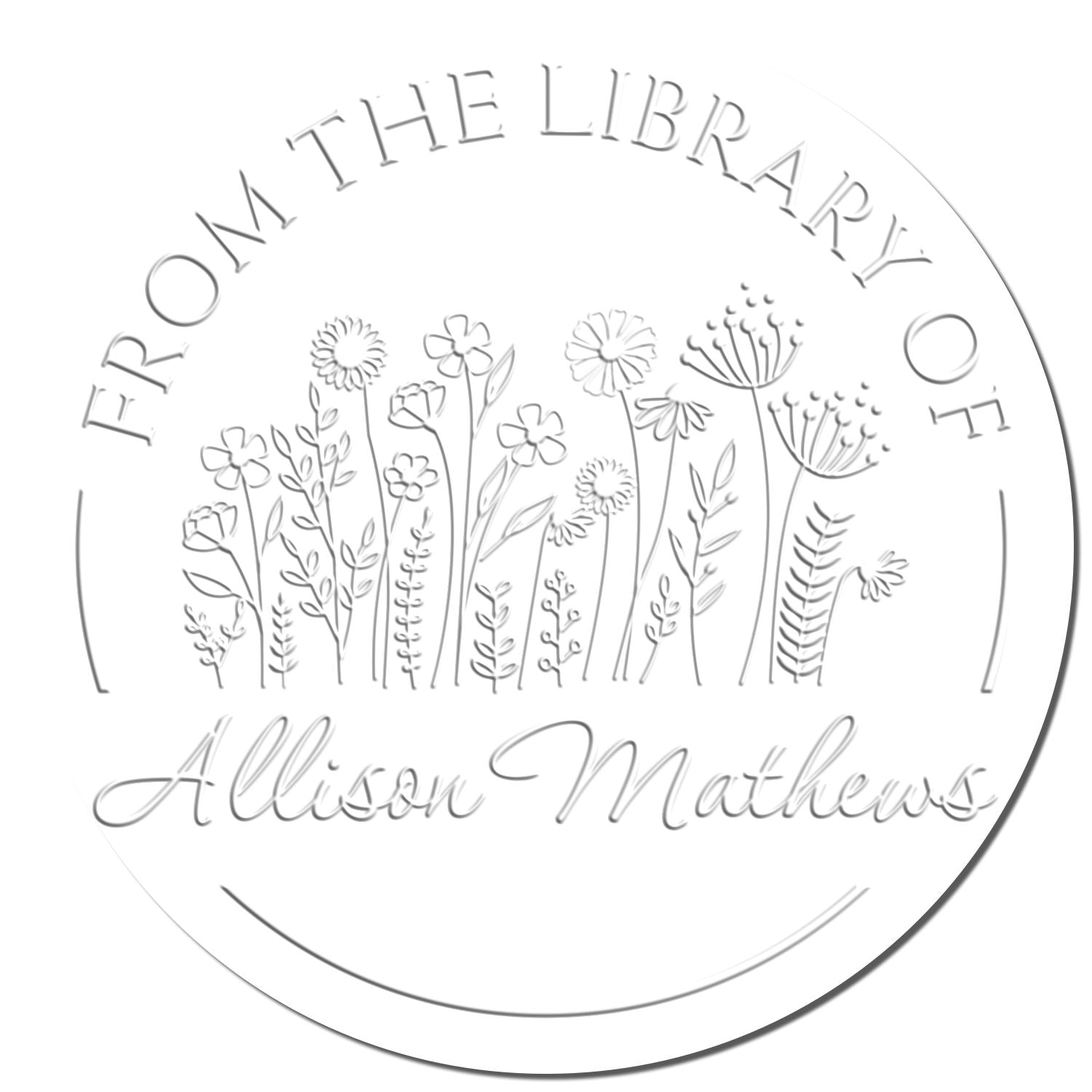White circular library stamp seal with floral line art and embossed gray text, From the Library of Allison Mathews.