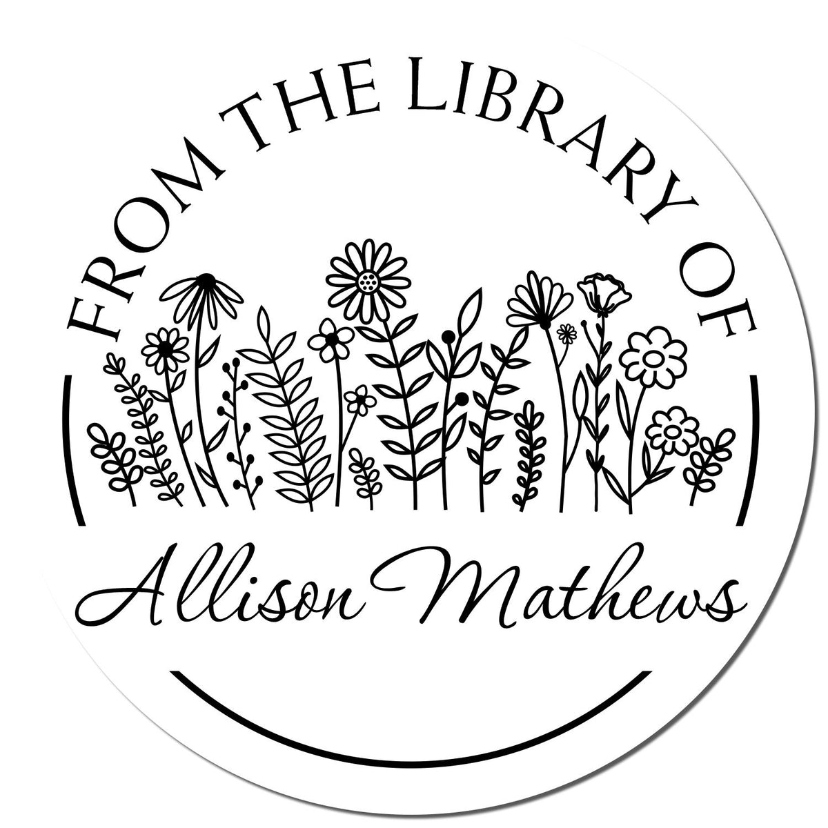 Round black-and-white library stamp seal with floral line art and text From the Library of Allison Mathews.