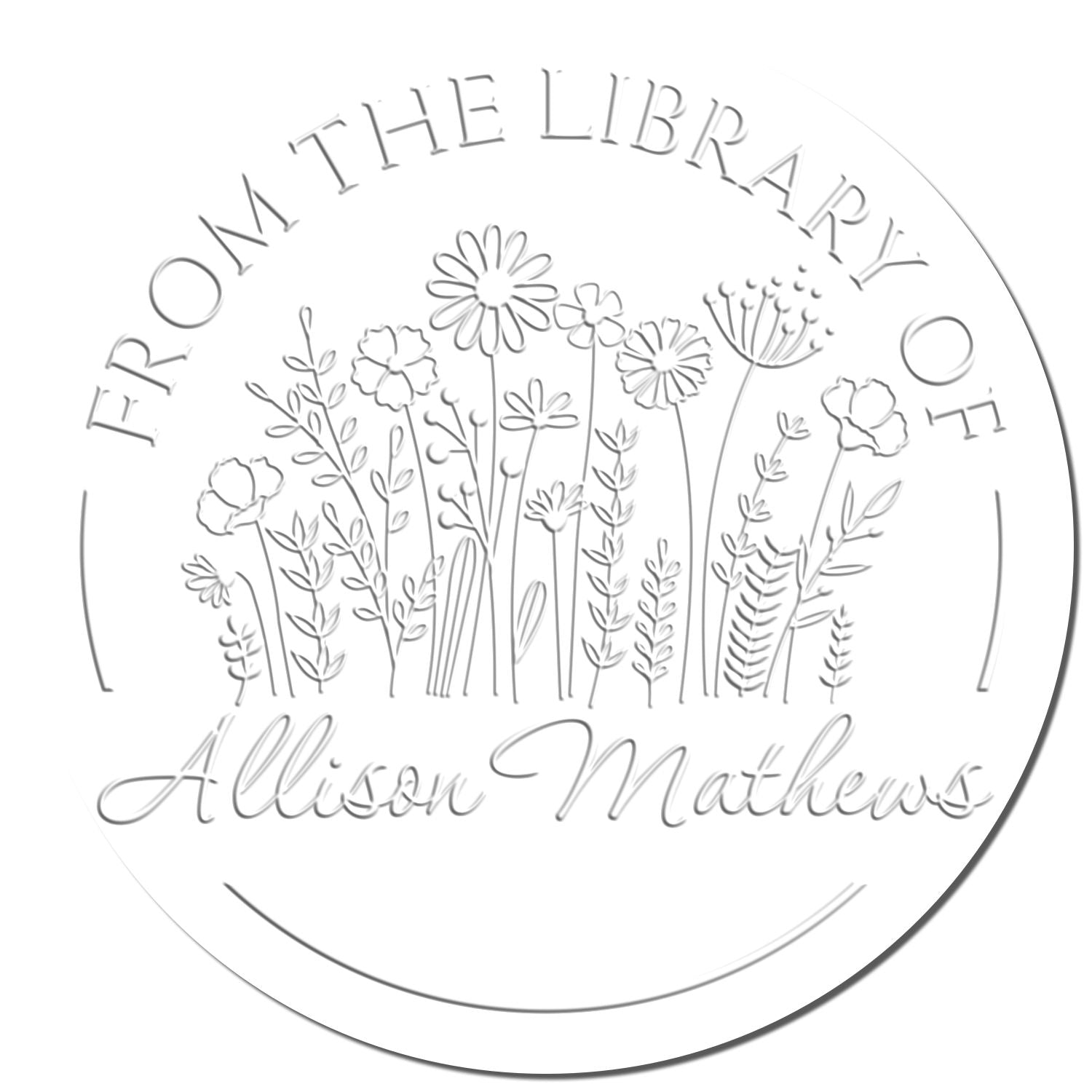 White circular library stamp seal with embossed wildflower line art and From the Library of Allison Mathews text.
