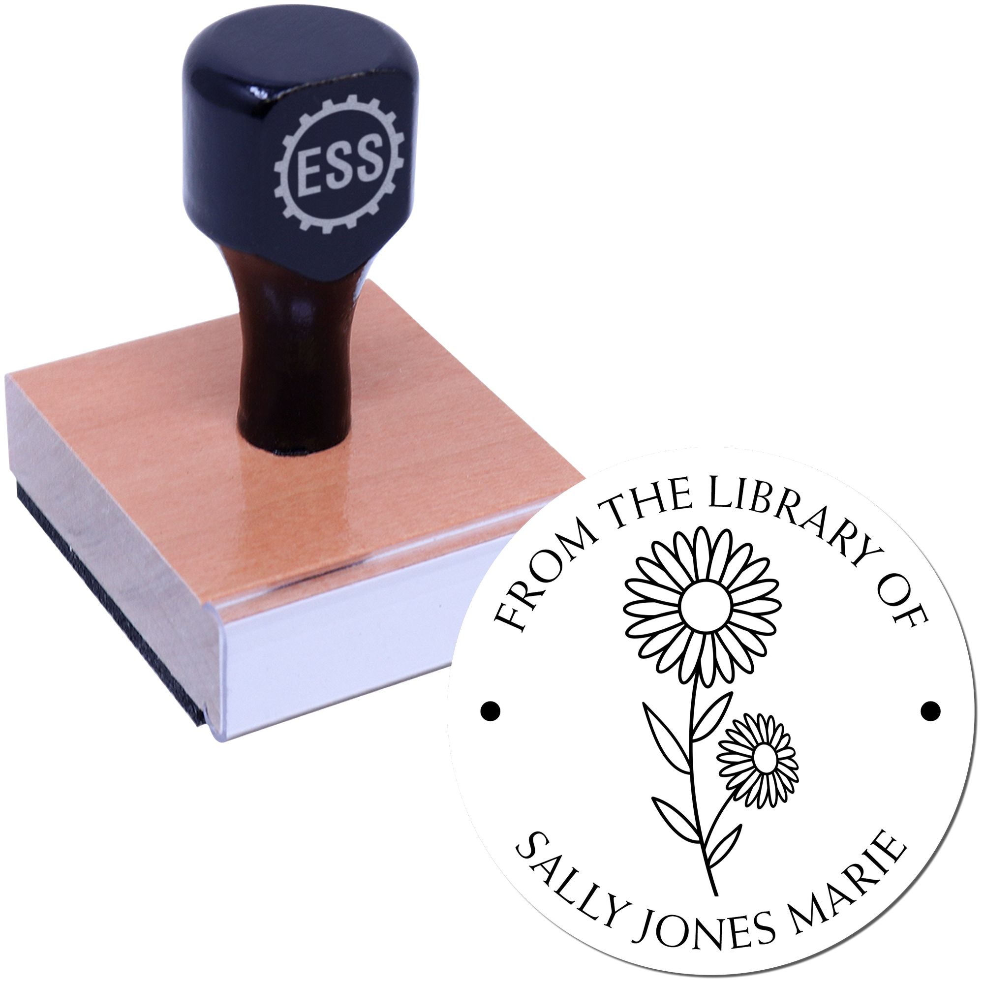 Navy rubber stamp on wood block and white circular library seal with floral motif and black text.