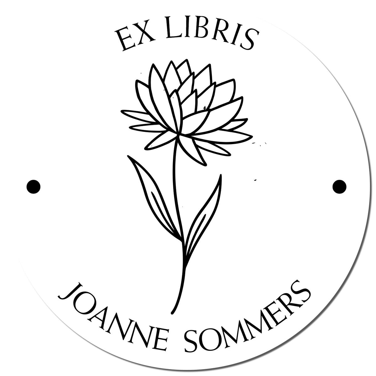 Black-and-white circular ex libris stamp seal with a stylized flower and the name JoAnne Sommers.