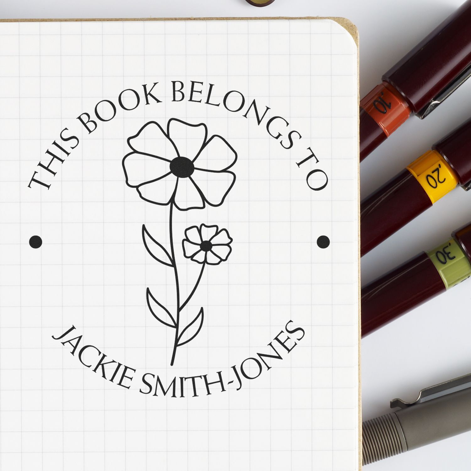 Wood Handle October Cosmos Custom Book Ownership Label Stamp - Engineer Seal Stamps