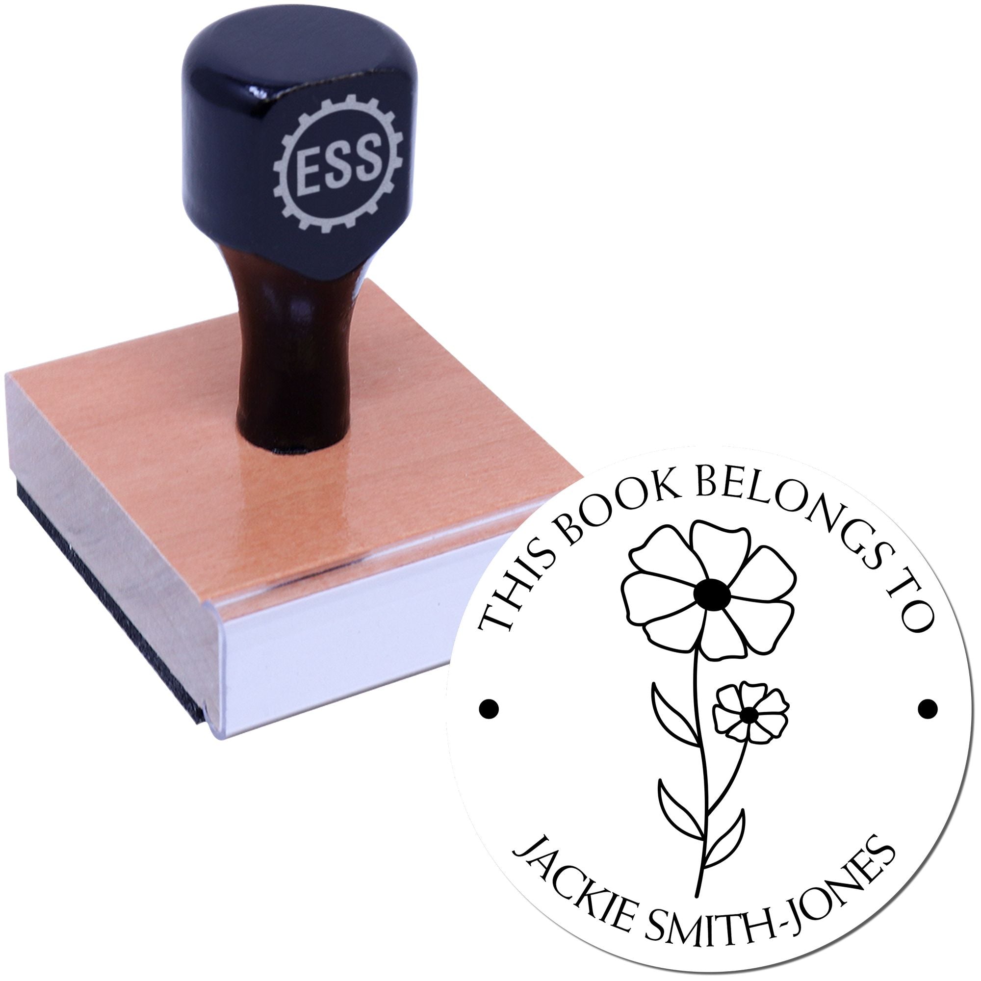 Wood Handle October Cosmos Custom Book Ownership Label Stamp - Engineer Seal Stamps