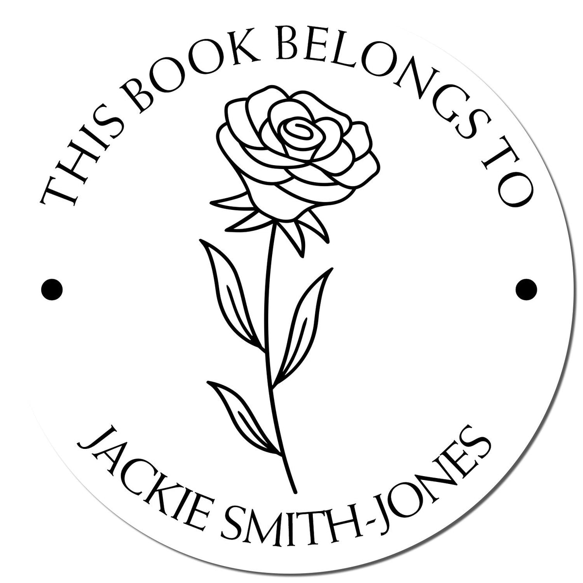 Black-and-white circular book seal stamp with rose line art and text This Book Belongs To Jackie Smith-Jones